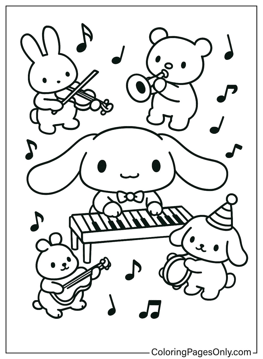 Cinnamoroll Friends Music Band Coloring Page Cinnamoroll playing piano with Sanrio friends in a band coloring from Cinnamoroll