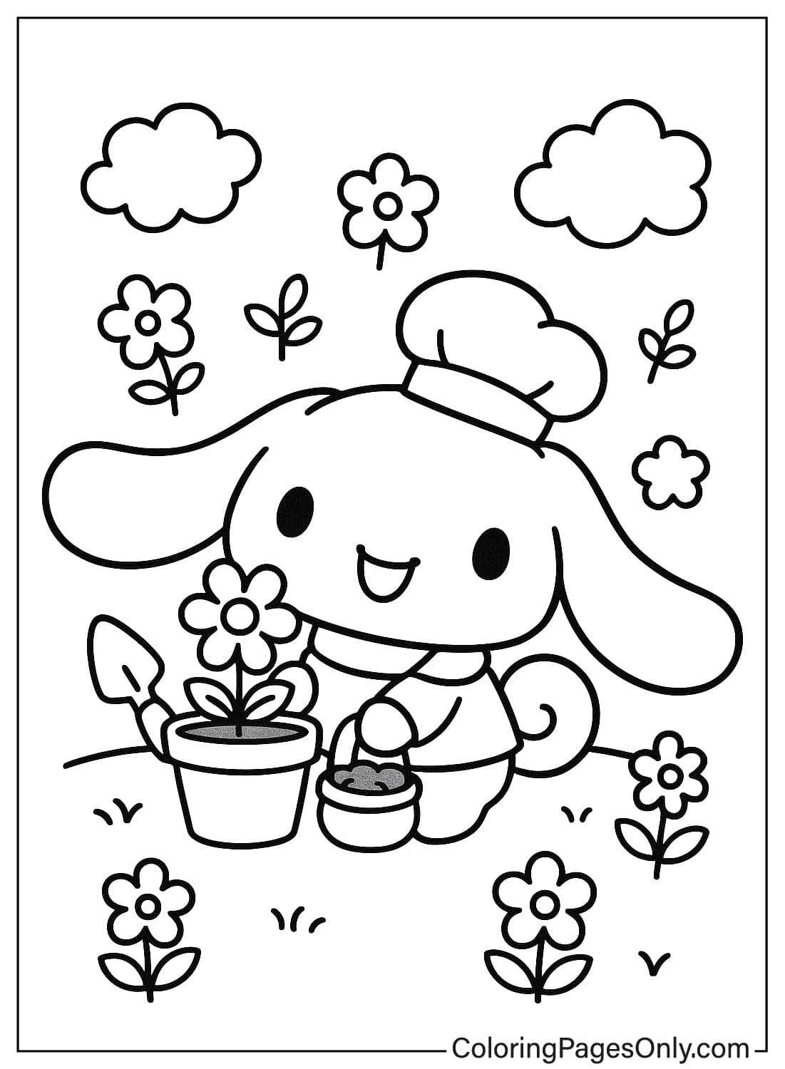 Cinnamoroll Gardener Planting Flowers Coloring Page Cinnamoroll gardener planting a flower in a pot outdoors coloring from Cinnamoroll