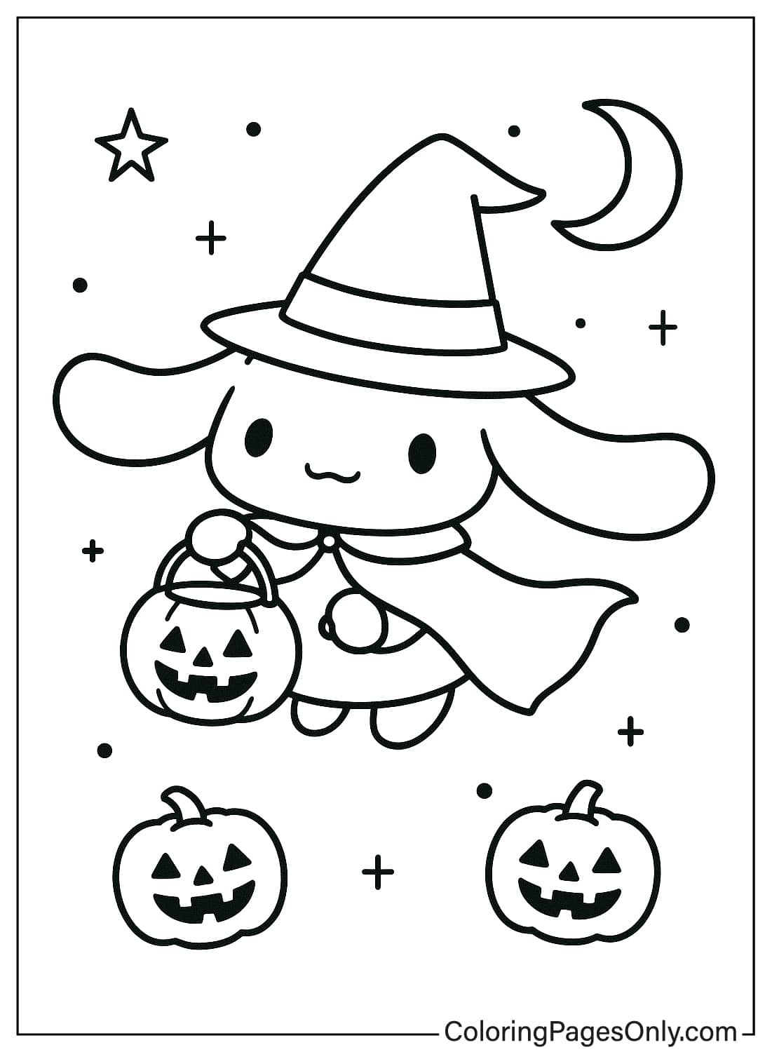 Cinnamoroll Halloween Witch Pumpkin Coloring Page Cinnamoroll dressed as a witch with a pumpkin bucket coloring page from Cinnamoroll