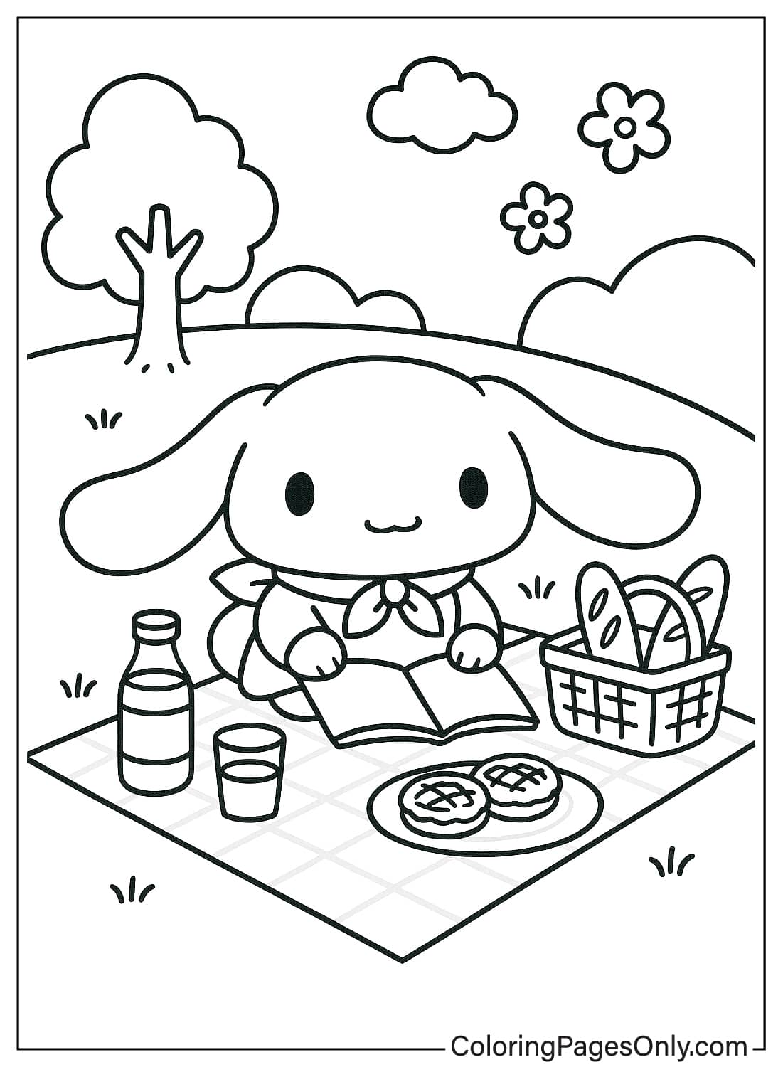 Cinnamoroll Picnic Reading Book Coloring Page Cinnamoroll enjoying a picnic and reading a book coloring sheet from Cinnamoroll