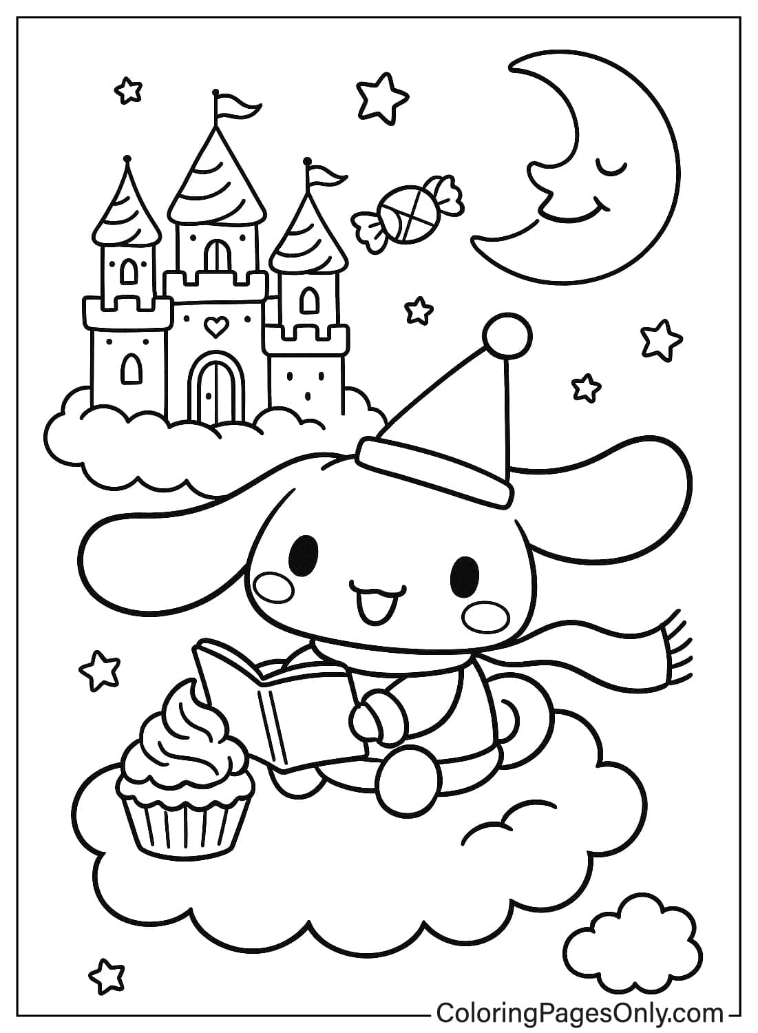 Cinnamoroll Reading Fantasy Castle Coloring Page Cinnamoroll reading a book on a cloud under a moon with a castle coloring from Cinnamoroll