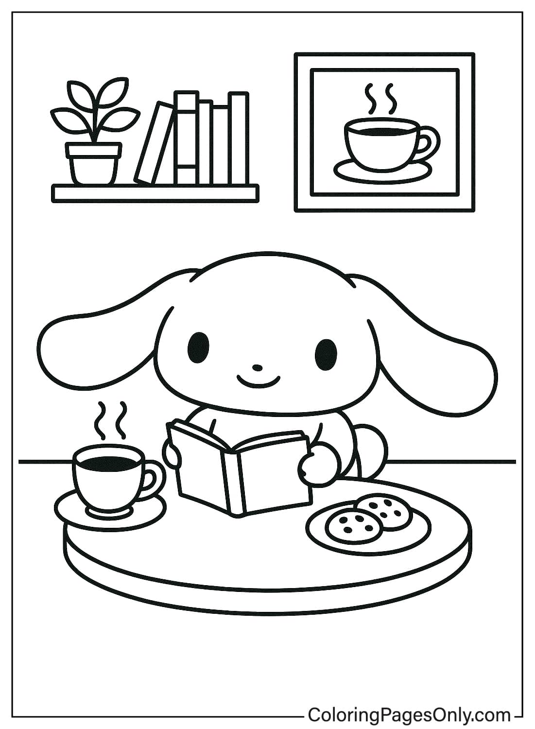 Cinnamoroll Studying Reading Coffee Coloring Page Cinnamoroll reading a book with coffee and cookies coloring sheet from Cinnamoroll