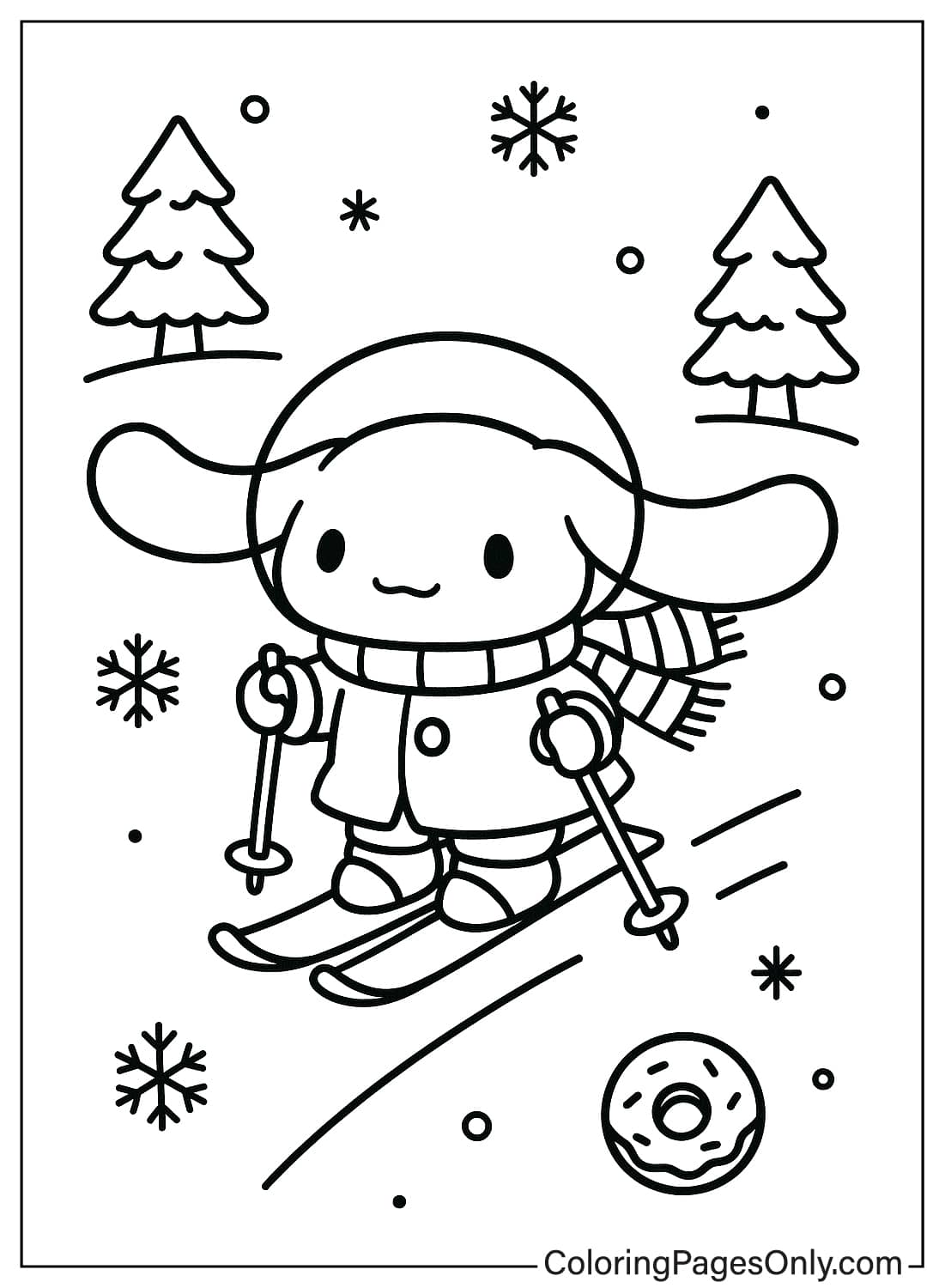Cinnamoroll Winter Skiing Snow Coloring Page Cinnamoroll skiing with a scarf and snow scene coloring sheet from Cinnamoroll