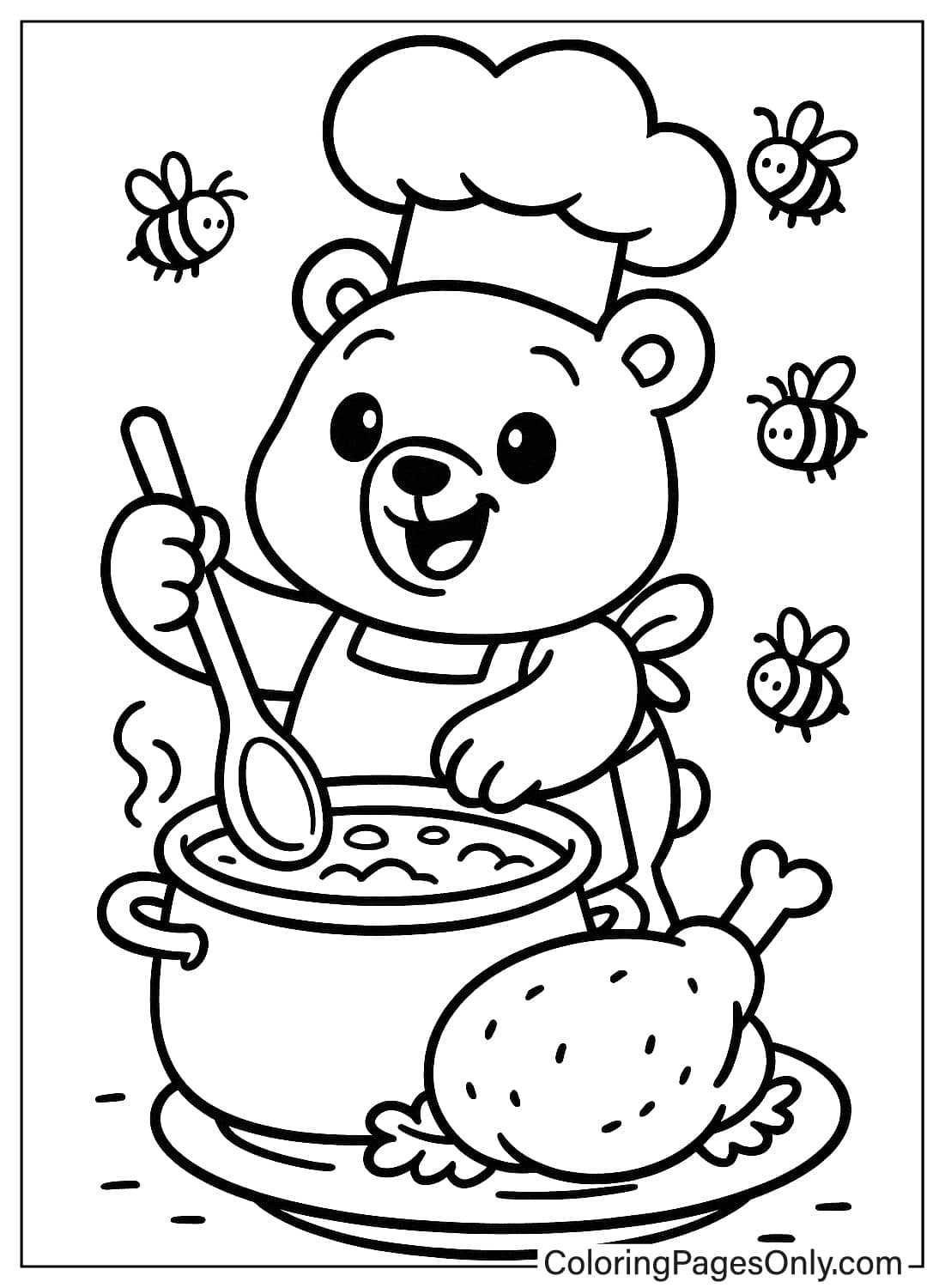 Cute Bear Chef Cooking Thanksgiving Dinner Coloring Cartoon Bear Chef Soup Turkey Leg Coloring Page from Thanksgiving Cartoon