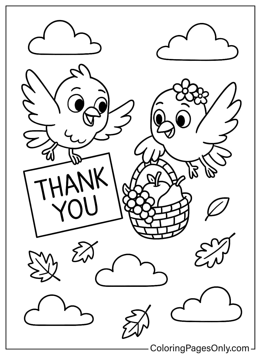 Cute Birds Thank You Sign Thanksgiving Coloring Page Adorable Birds Fruit Basket Thank You Autumn Coloring from Thanksgiving Cartoon