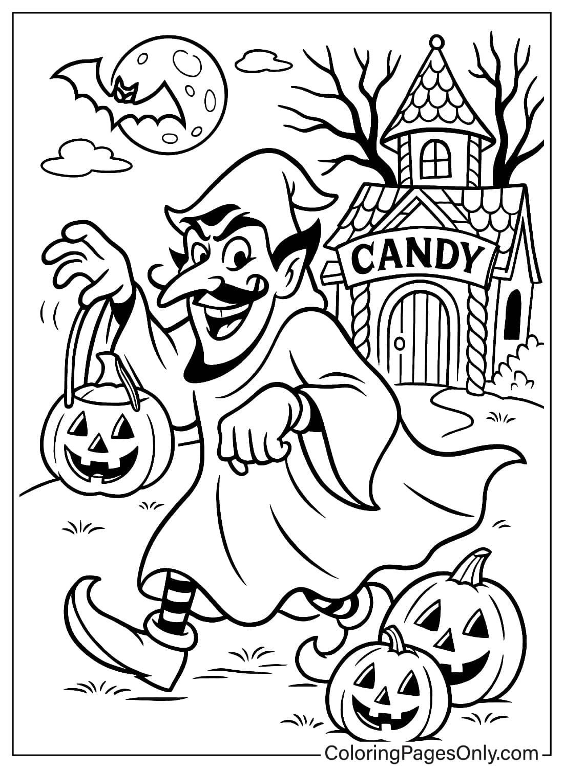 Lord Licorice in Costume Holding Pumpkin Basket Outside Candy House for Halloween from Candyland