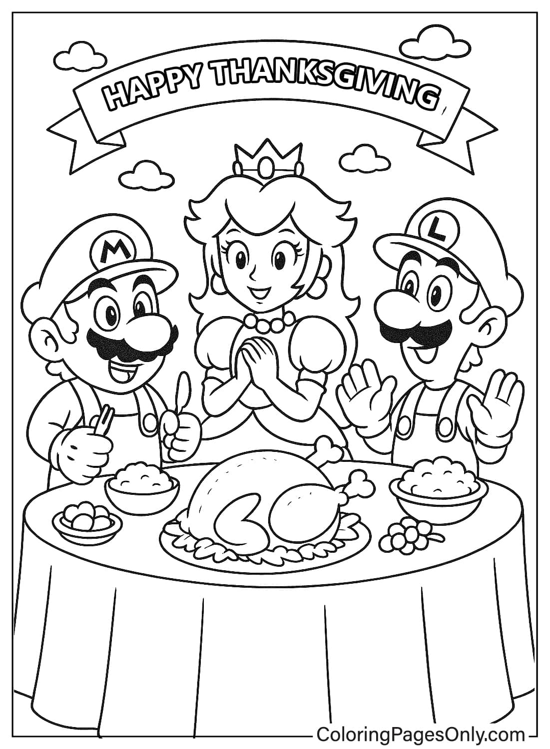 Mario Luigi Peach Thanksgiving Dinner Coloring Page Super Mario Brothers Thanksgiving Feast Coloring Sheet from Thanksgiving Cartoon