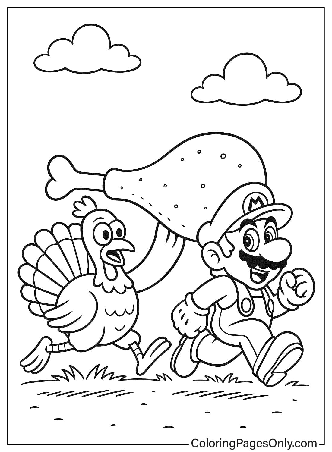 Mario Running with Turkey Leg Coloring Page Mario Running from Turkey Thanksgiving Coloring Sheet from Thanksgiving Cartoon