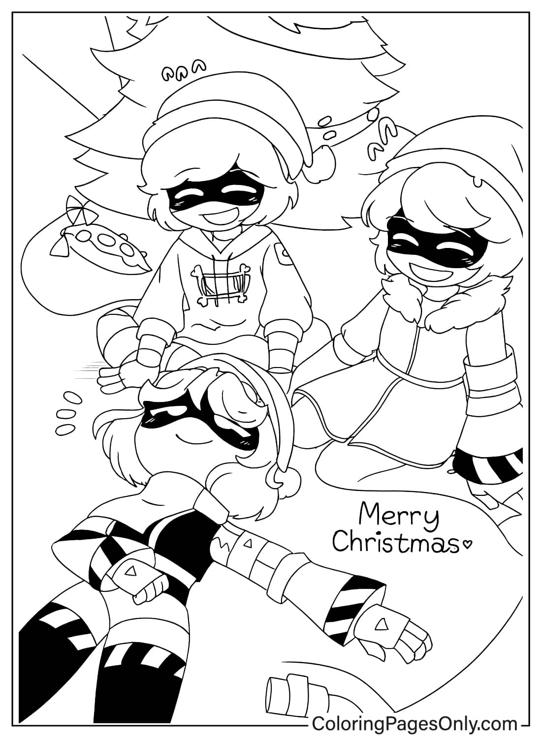 Murder Drones Christmas Coloring Page N Uzi V N Uzi and V drones celebrating Christmas outline from Murder Drones