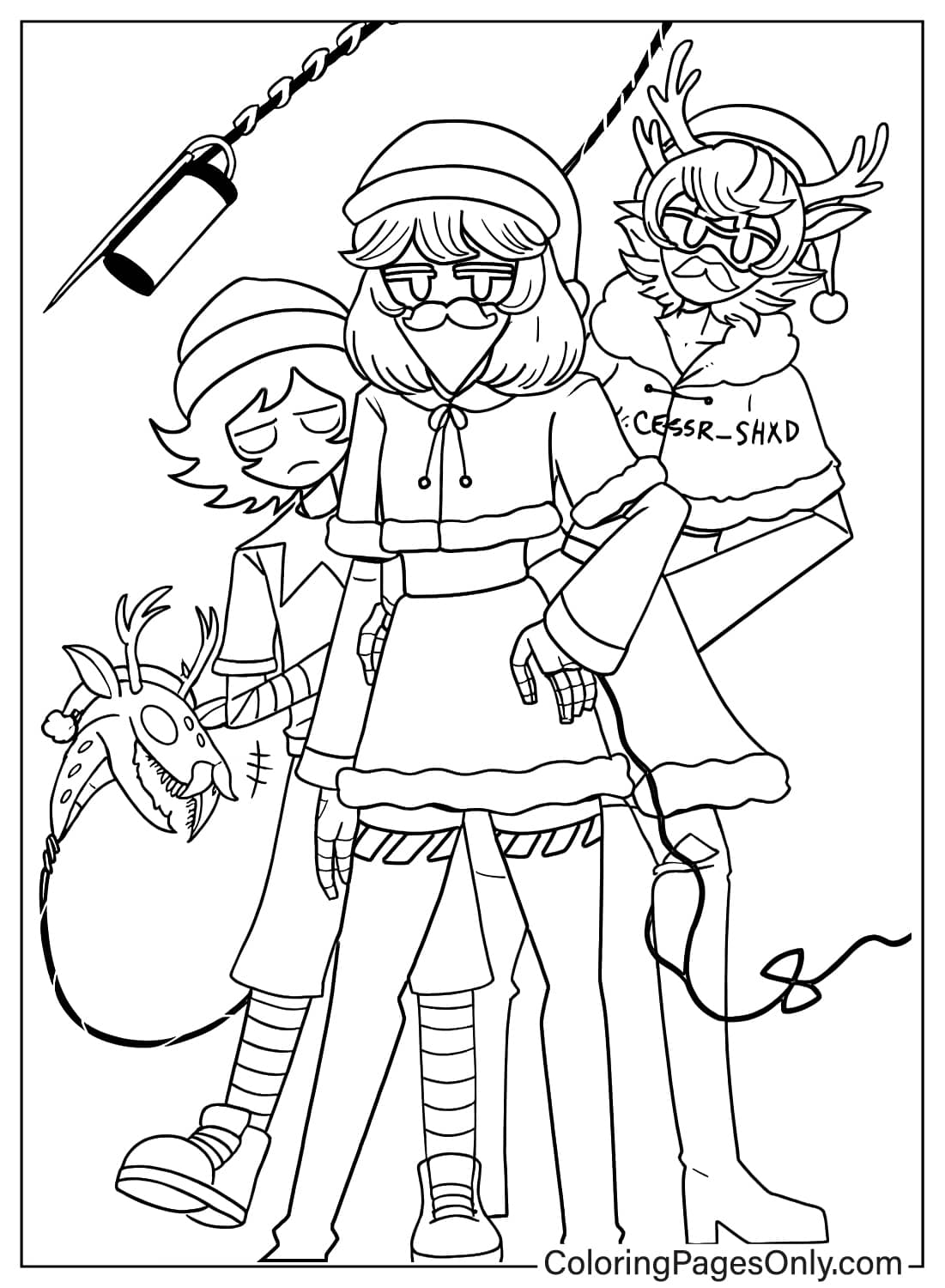 Murder Drones Christmas Santa Outfit Coloring Page Murder Drones characters in Santa Christmas outfits from Murder Drones