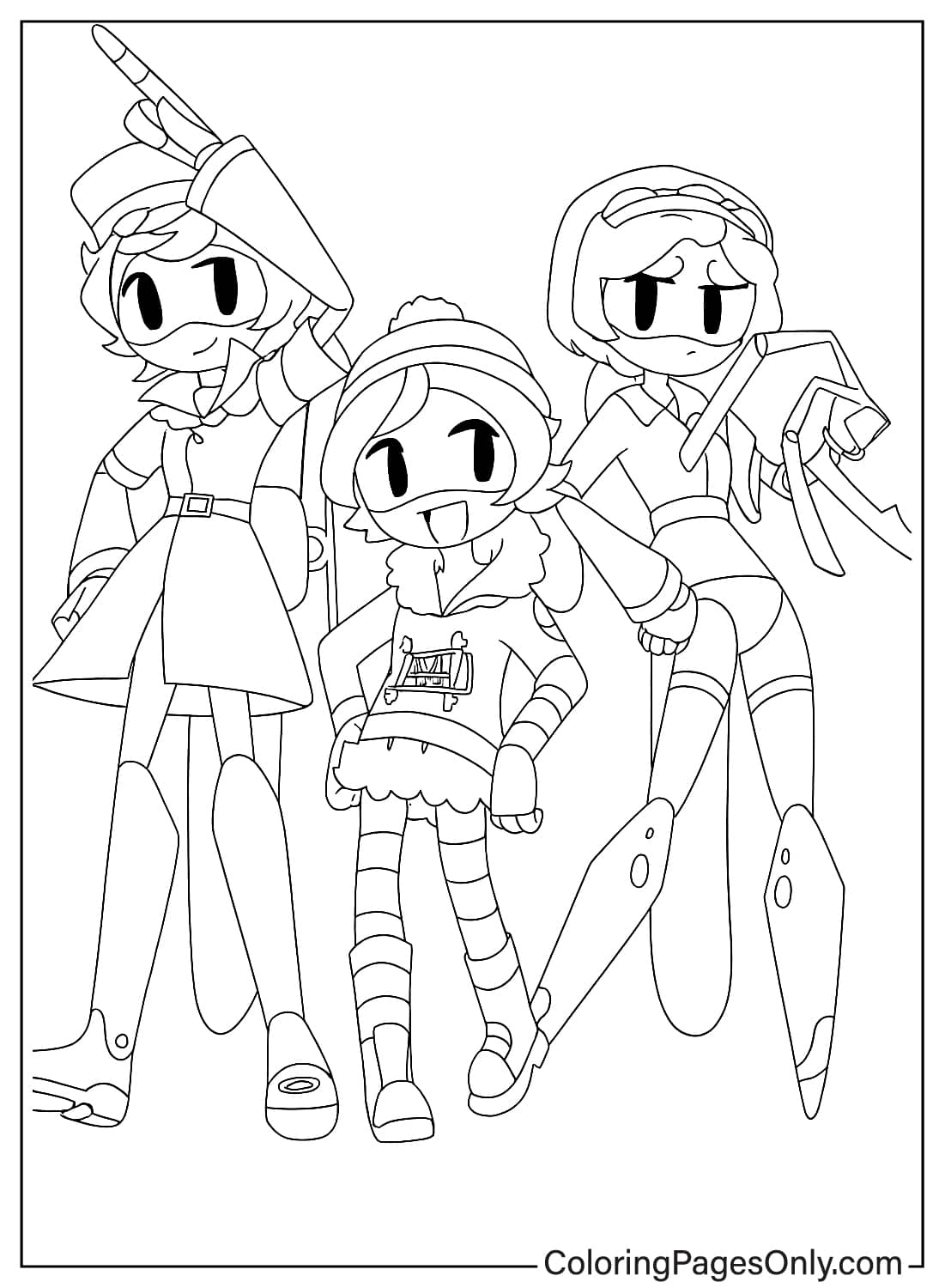 Murder Drones J N and Uzi Standing Together Coloring Page J N Uzi Doorman drones standing pose trio from Murder Drones
