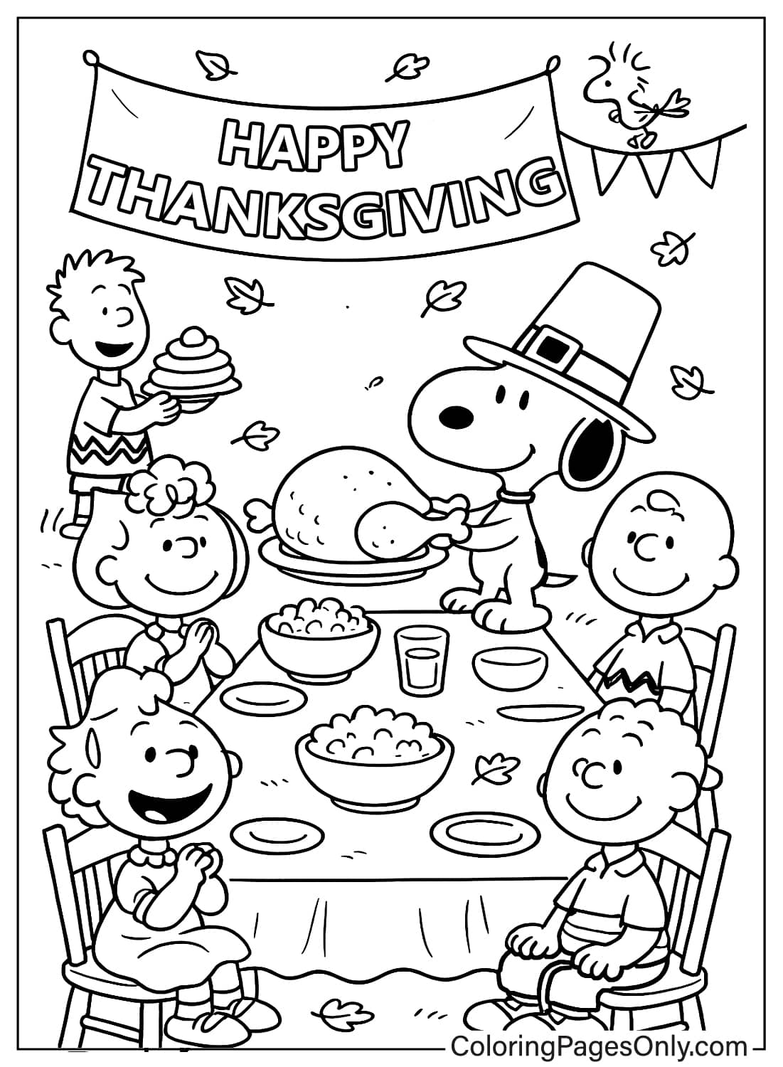 Peanuts Gang Happy Thanksgiving Dinner Coloring Page Snoopy Charlie Brown Peanuts Thanksgiving Feast Coloring from Thanksgiving Cartoon