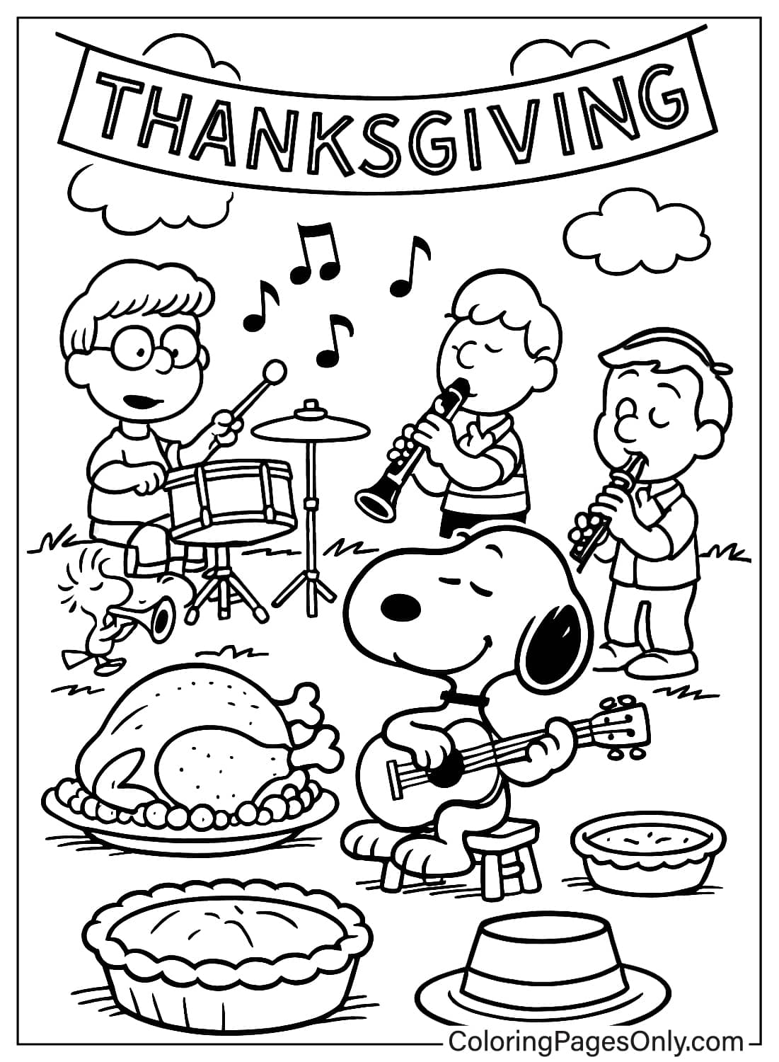 Peanuts Gang Playing Music Thanksgiving Coloring Page Snoopy Playing Guitar Peanuts Thanksgiving Music Coloring from Thanksgiving Cartoon