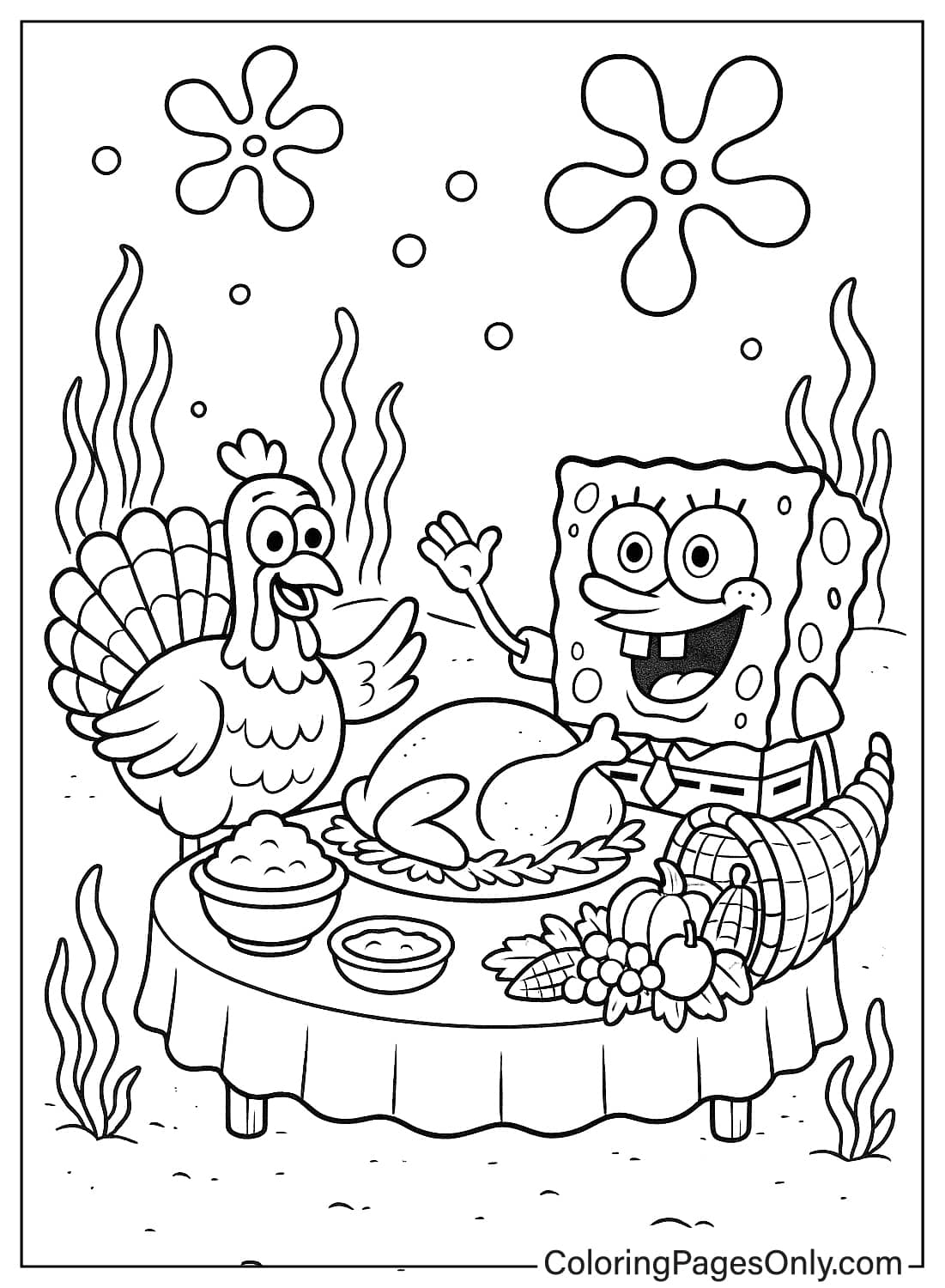 Spongebob Thanksgiving Dinner Coloring Page Spongebob Squarepants Turkey Cornucopia Coloring Page from Thanksgiving Cartoon