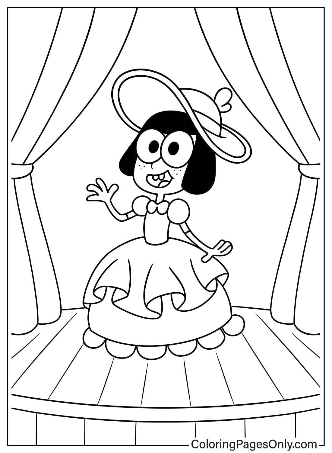 Tilly Green wearing a big hat and ruffled dress on a theater stage from Big City Greens