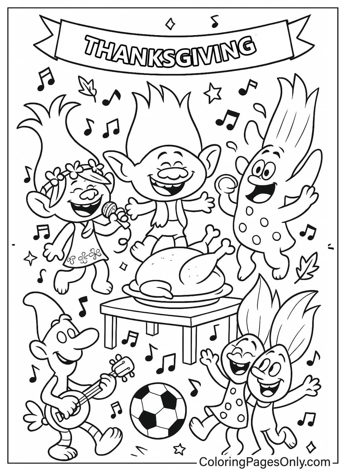 Trolls Happy Thanksgiving Party Coloring Page Poppy Branch Trolls Thanksgiving Celebration Coloring Sheet from Thanksgiving Cartoon