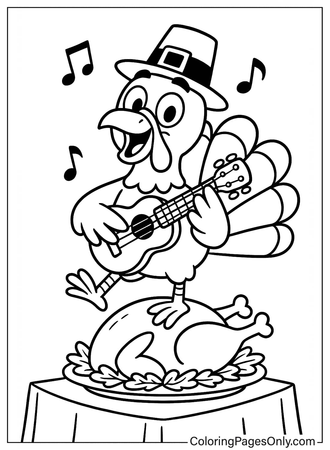 Turkey Playing Guitar Thanksgiving Coloring Page Singing Turkey Pilgrim Hat Guitar Coloring Sheet from Thanksgiving Cartoon