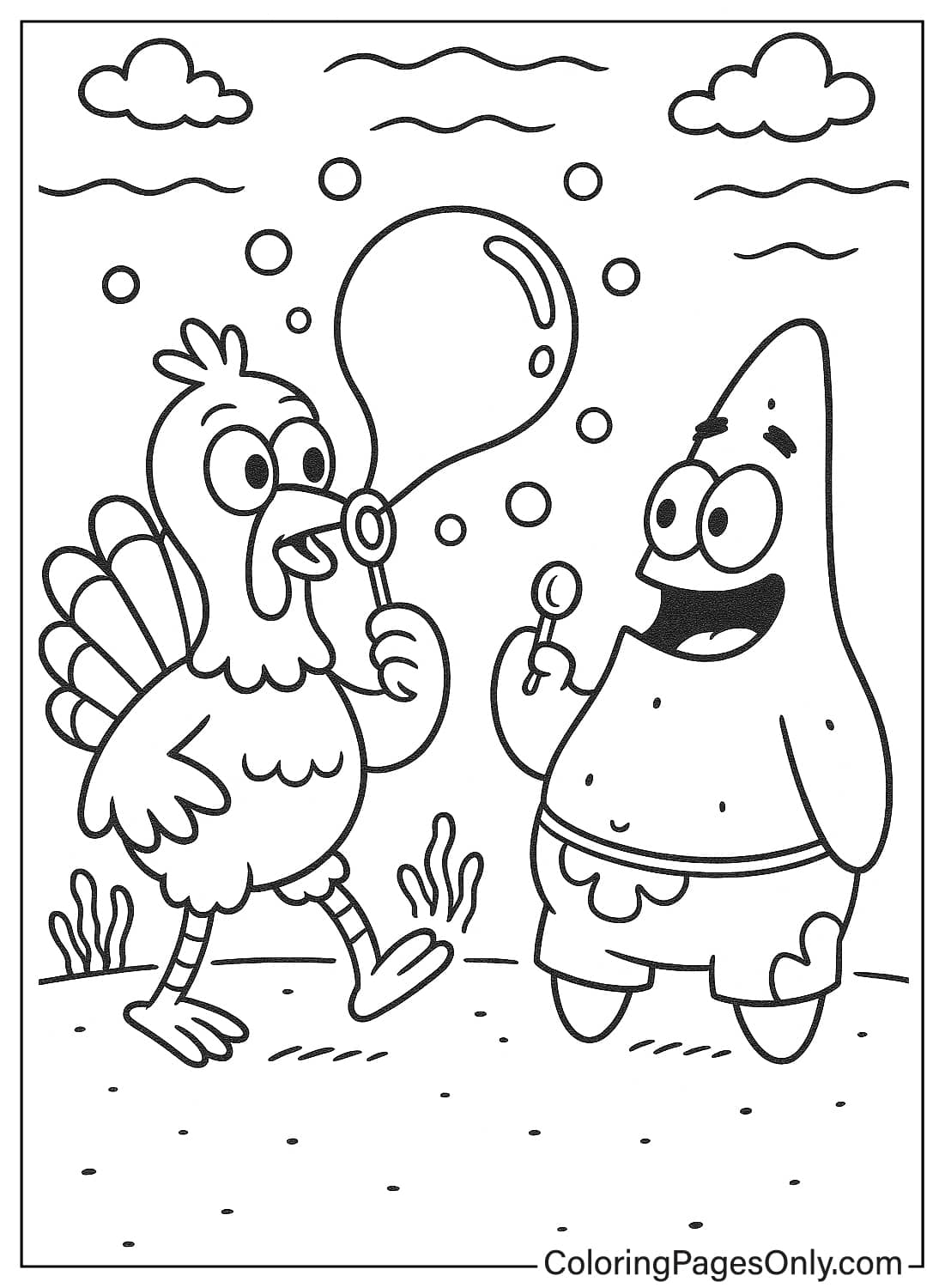 Turkey and Patrick Blowing Bubbles Coloring Page Funny Turkey Patrick Star Bubbles Coloring Page from Thanksgiving Cartoon