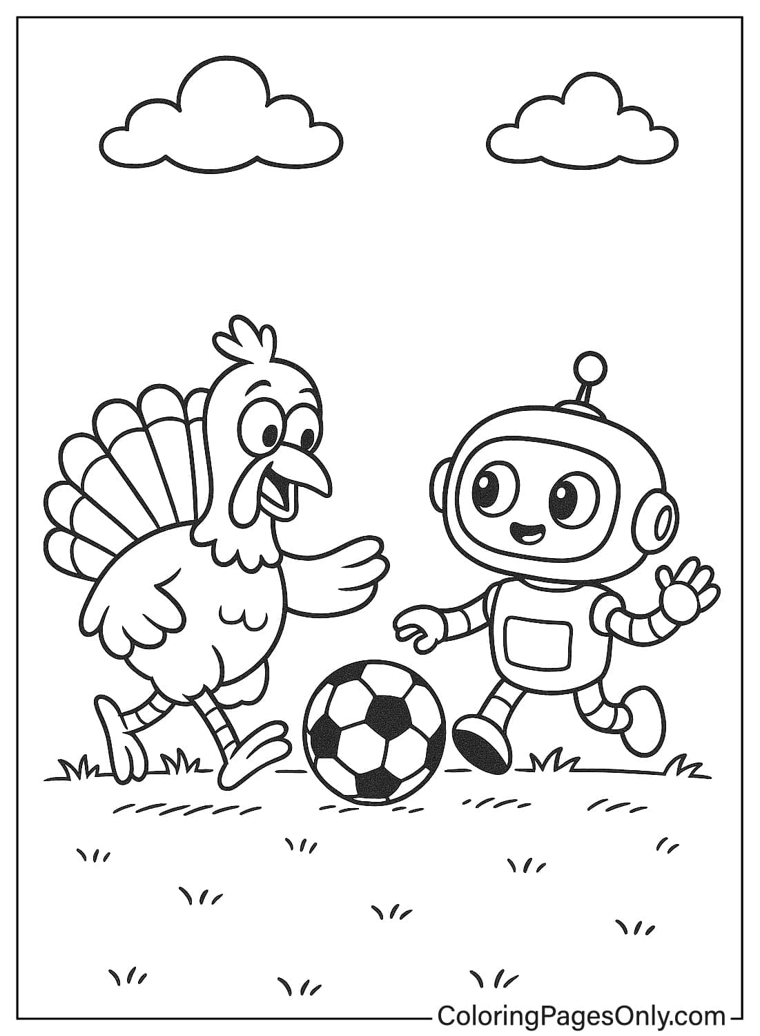 Turkey and Robot Playing Soccer Coloring Page Cute Turkey and Robot Playing Football Thanksgiving Coloring from Thanksgiving Cartoon