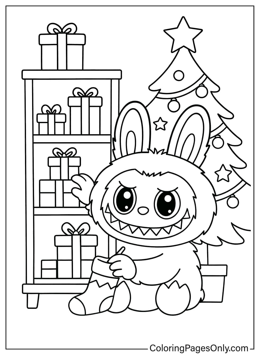 Labubu Bunny Monster with Christmas Stocking Gifts and Tree Coloring from Labubu
