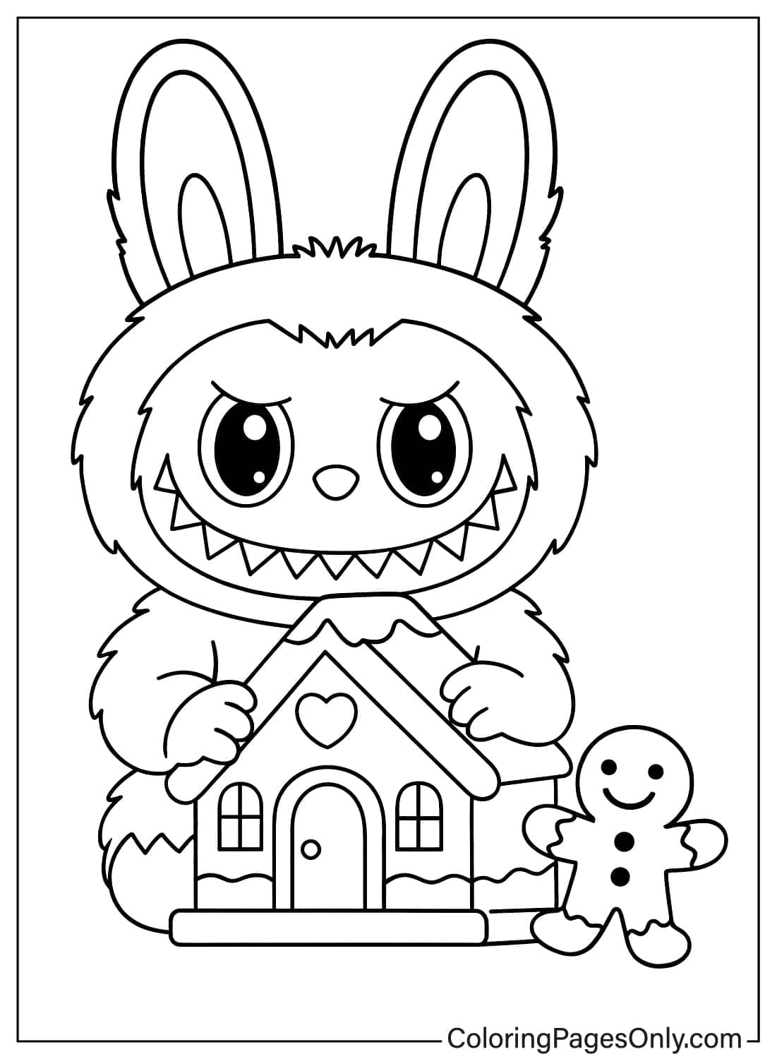 Labubu Bunny Monster Holding Gingerbread House and Gingerbread Man Coloring from Labubu
