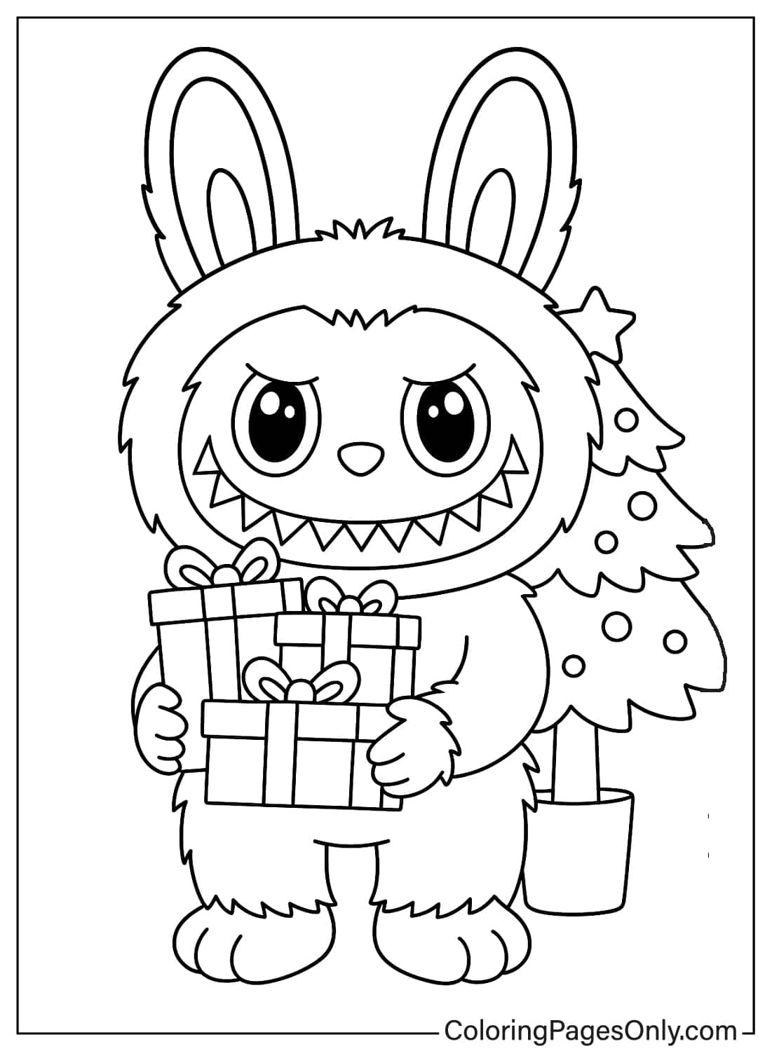 Labubu Bunny Monster Holding Stack of Wrapped Christmas Presents Coloring from Labubu