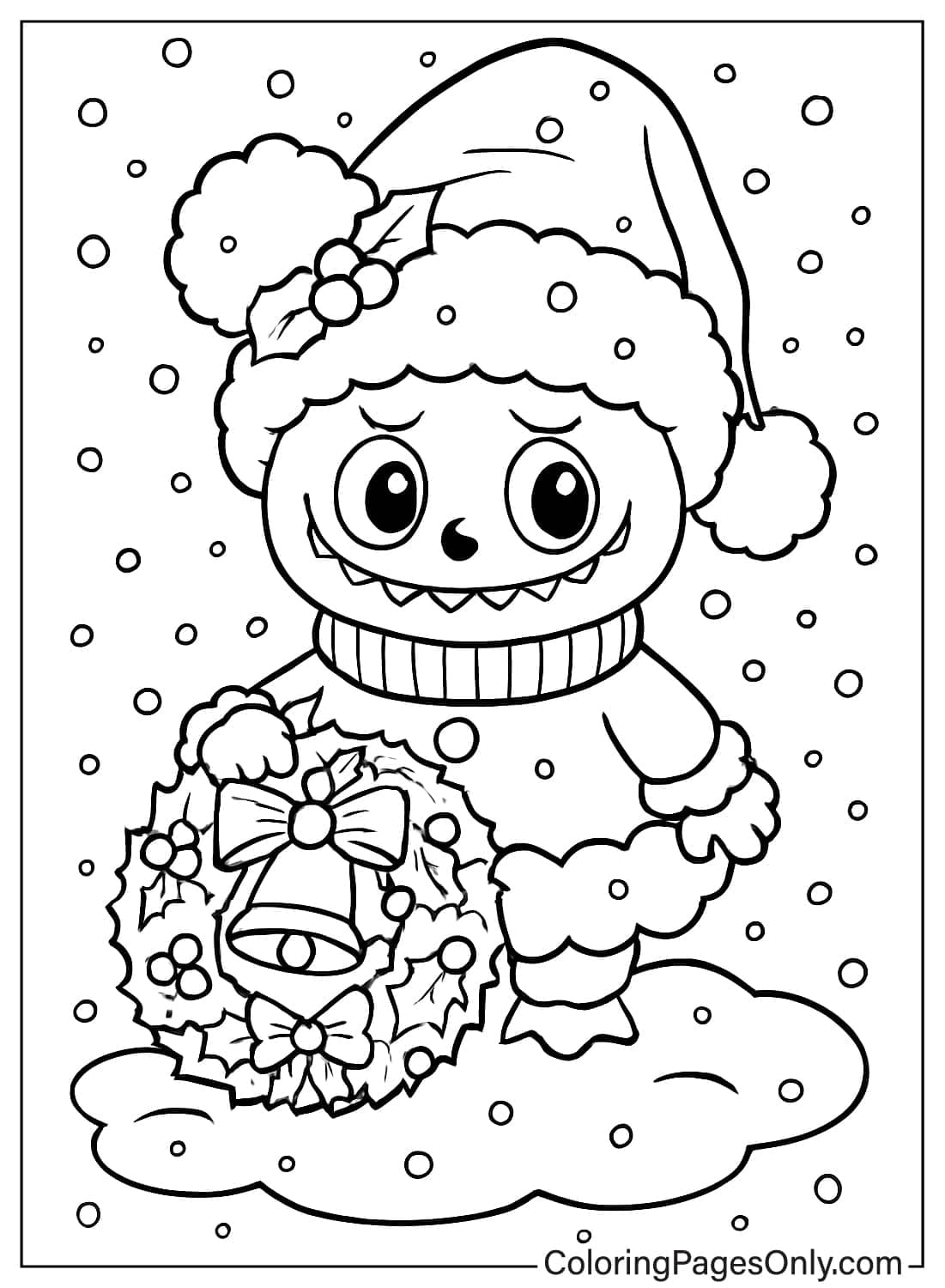 Labubu Monster in Santa Outfit Holding Christmas Wreath with Bells Snow Coloring from Labubu