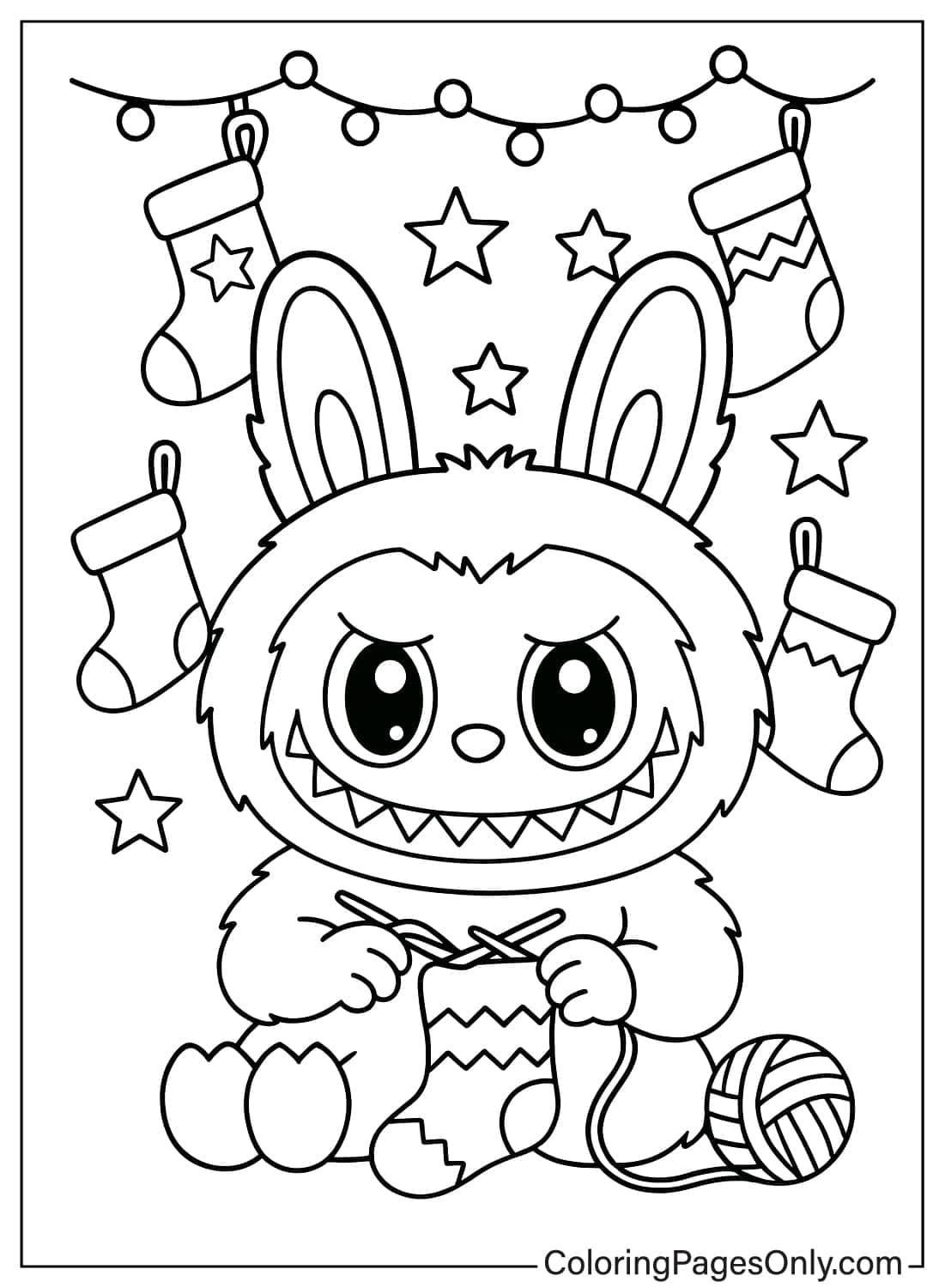 Labubu Bunny Monster Knitting Christmas Stocking with Yarn and Stars Coloring from Labubu