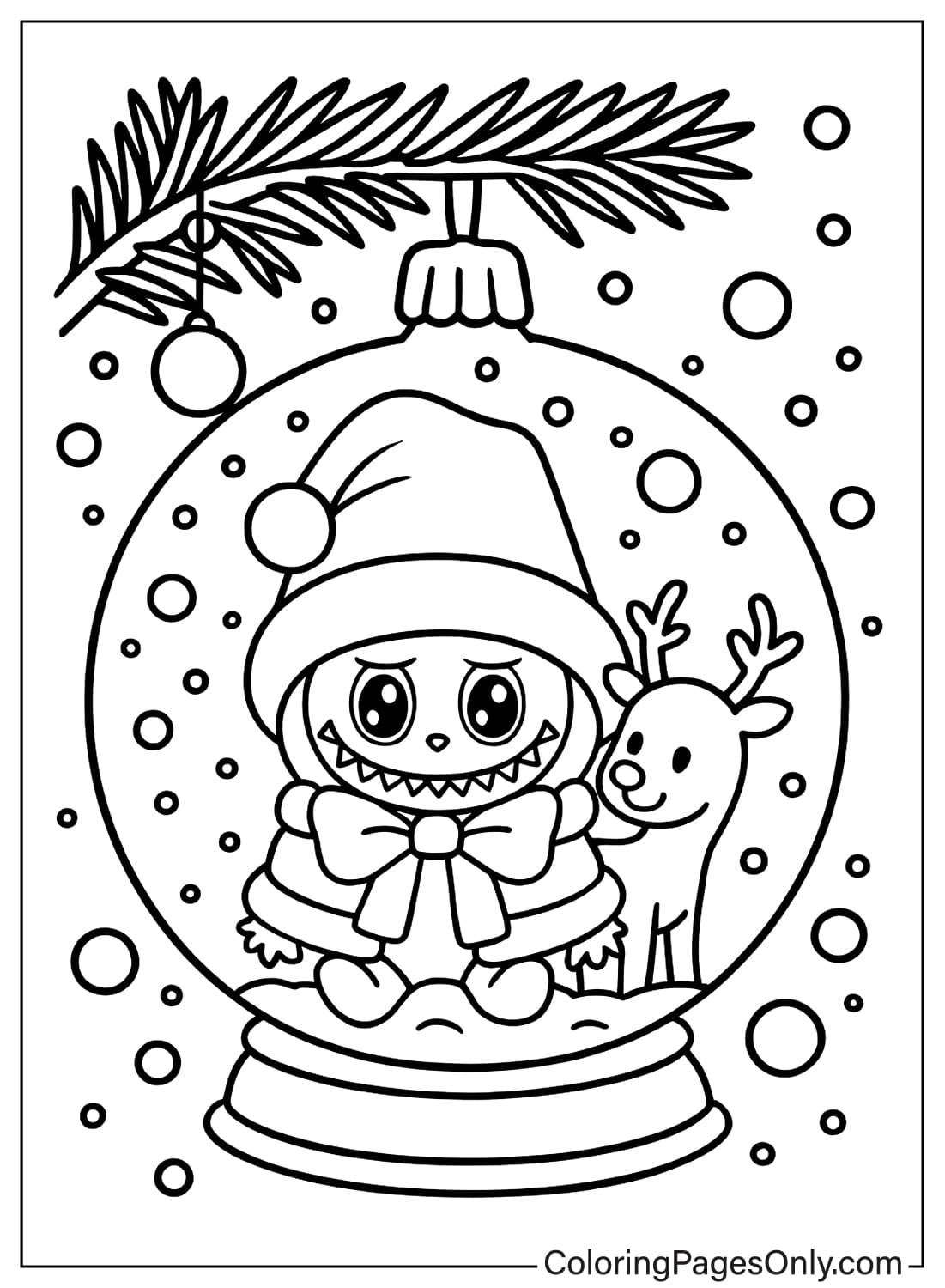 Cute Labubu Monster with Reindeer Inside Snow Globe Christmas Tree Coloring from Labubu