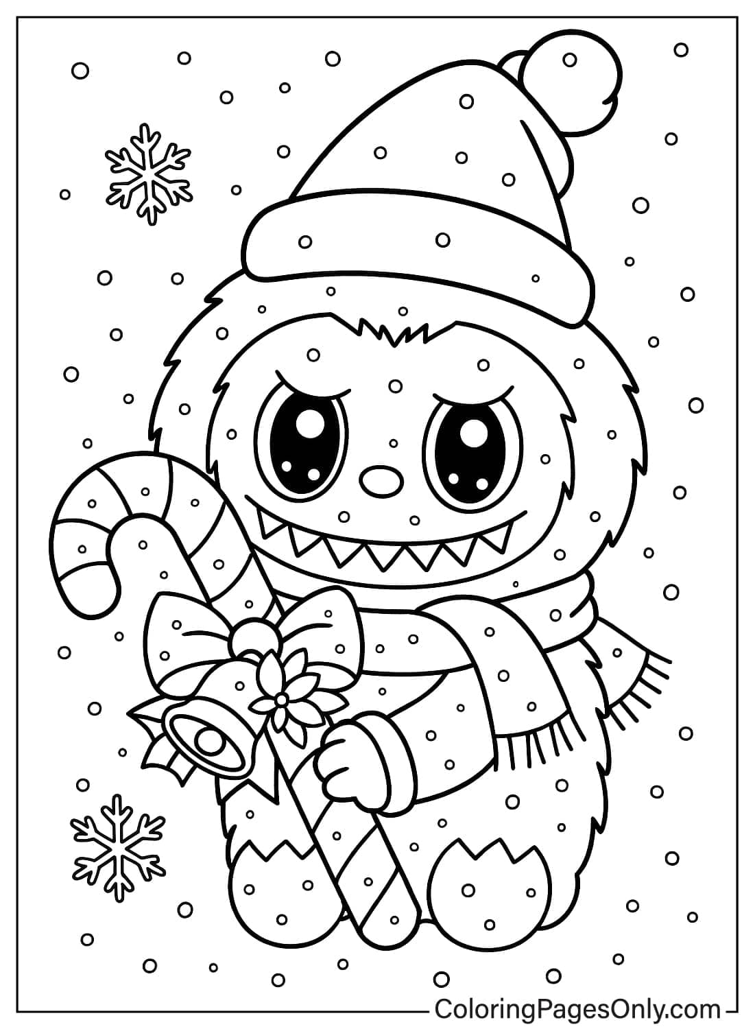 Cute Labubu Monster in Snow with Hat Scarf Holding Candy Cane and Bell Coloring from Labubu