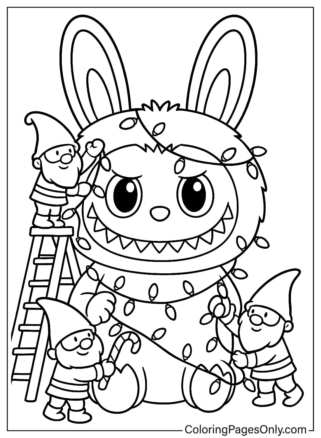 Labubu Bunny Monster Wrapped in Christmas Lights with Gnomes on Ladder Coloring from Labubu