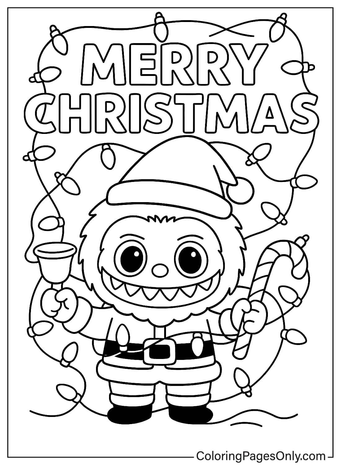 Labubu Monster in Santa Outfit with Candy Cane and Bell Christmas Lights Coloring from Labubu