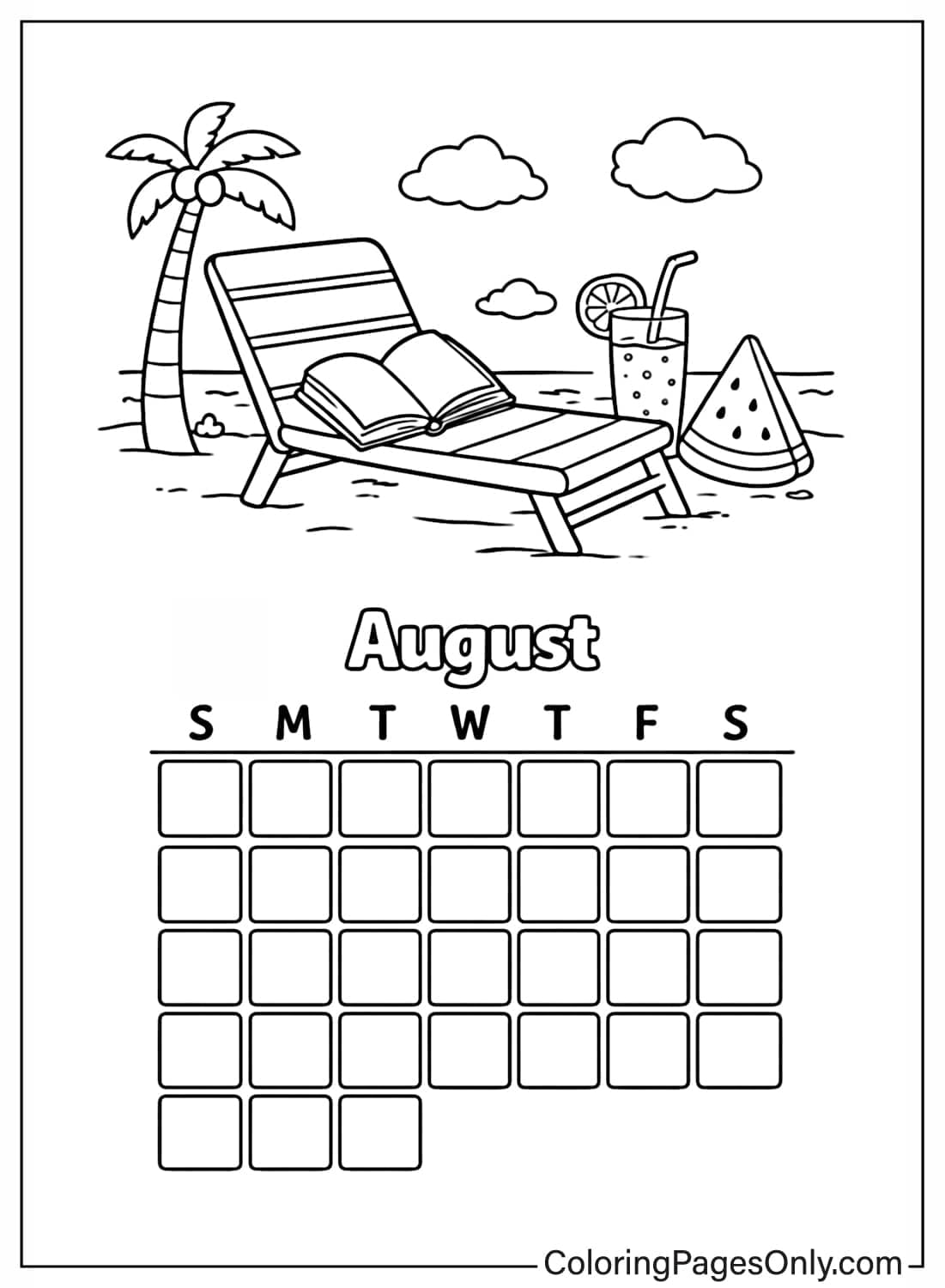 August calendar coloring pages beach summer from Calendar