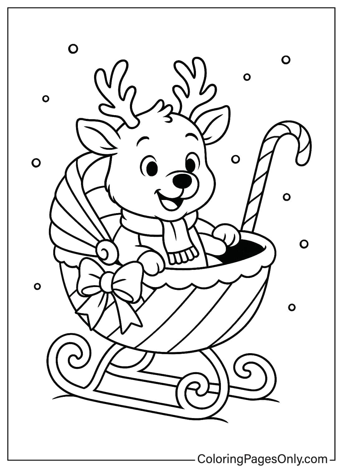 Happy Baby Reindeer Wearing Scarf Sitting in Sleigh Pram with Candy Cane Coloring from Reindeer