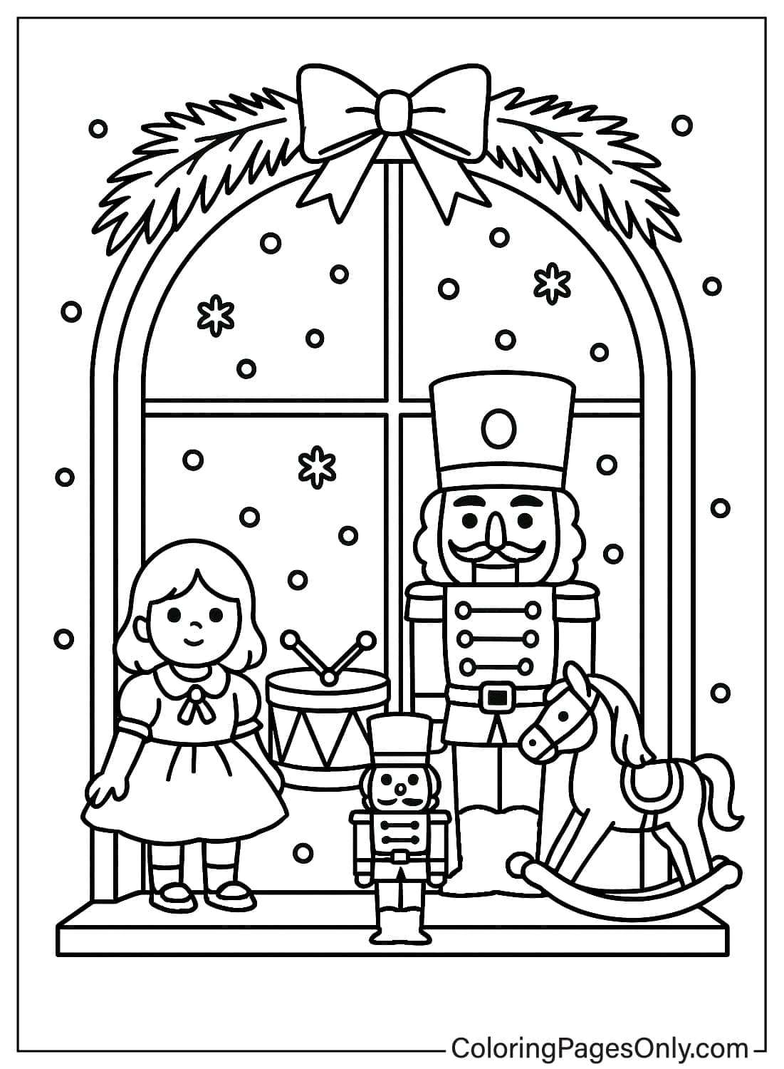 Clara Nutcracker doll and toys by a window with a Christmas wreath coloring page from Nutcracker