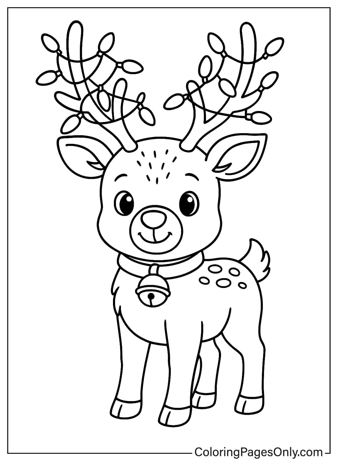 Little Reindeer Standing with Christmas Lights Tangled in Antlers Coloring Sheet from Reindeer