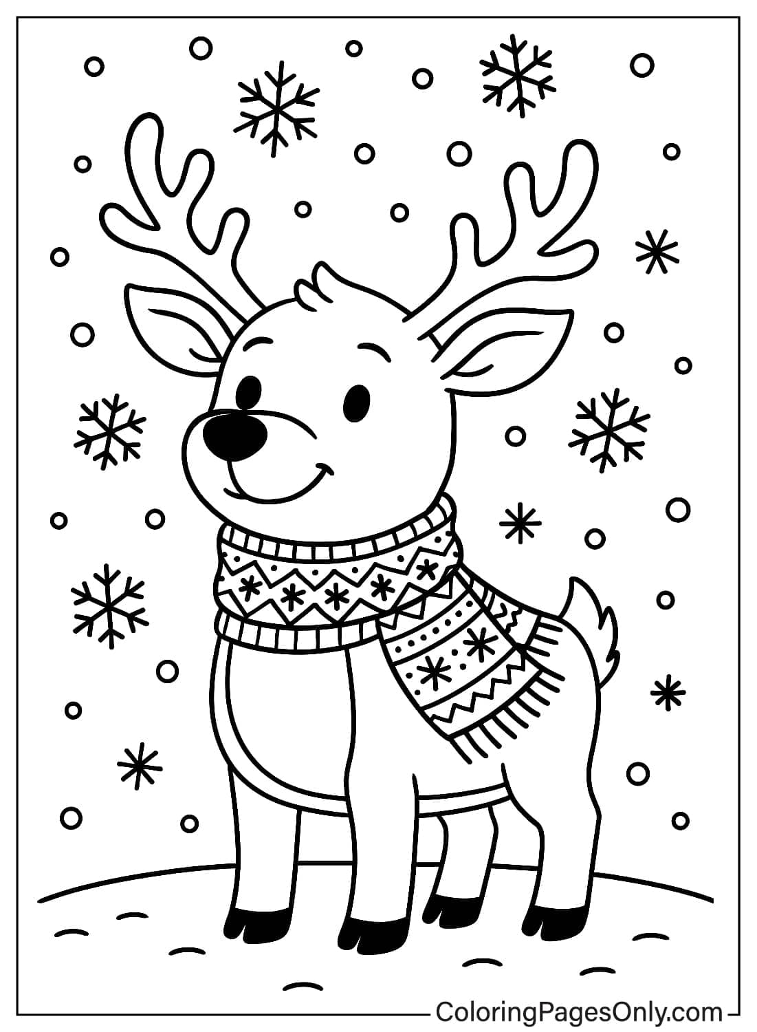 Reindeer Wearing Warm Knitted Scarf in Snowflakes Coloring Sheet from Reindeer