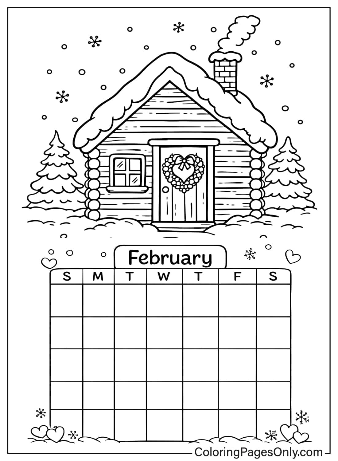 february winter cabin calendar coloring pages from February 2026