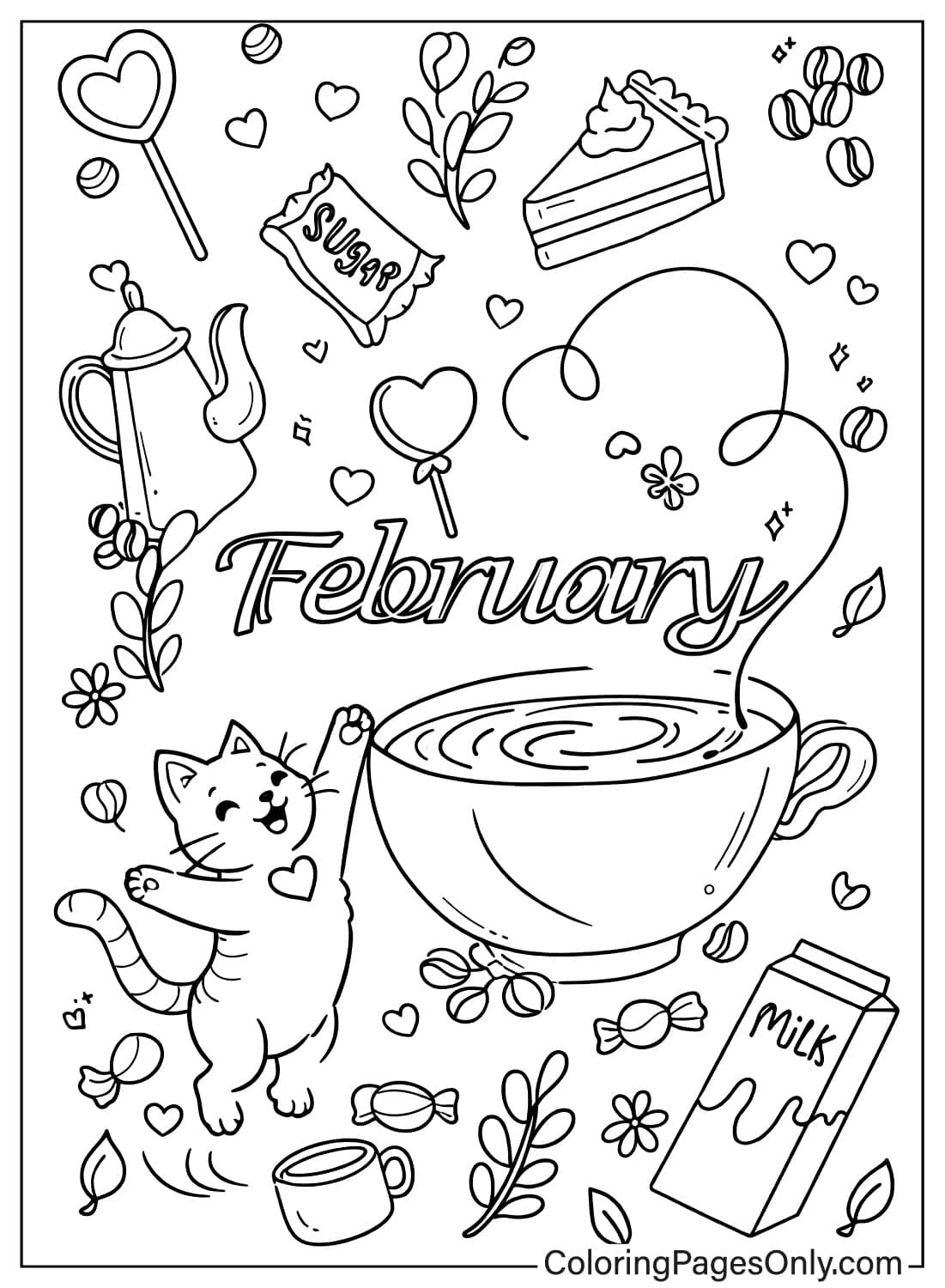 February coloring pages cozy coffee cat from February 2026