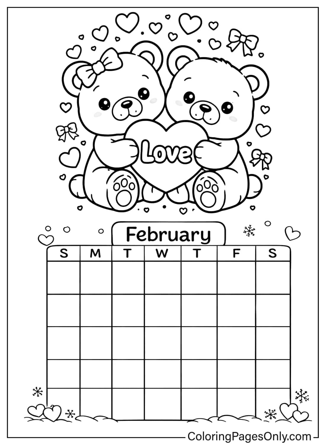 February coloring pages teddy bear calendar from February 2026