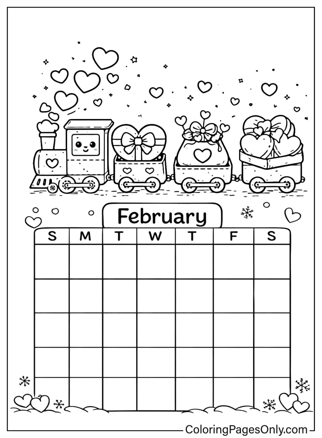 february coloring pages love train calendar from February 2026