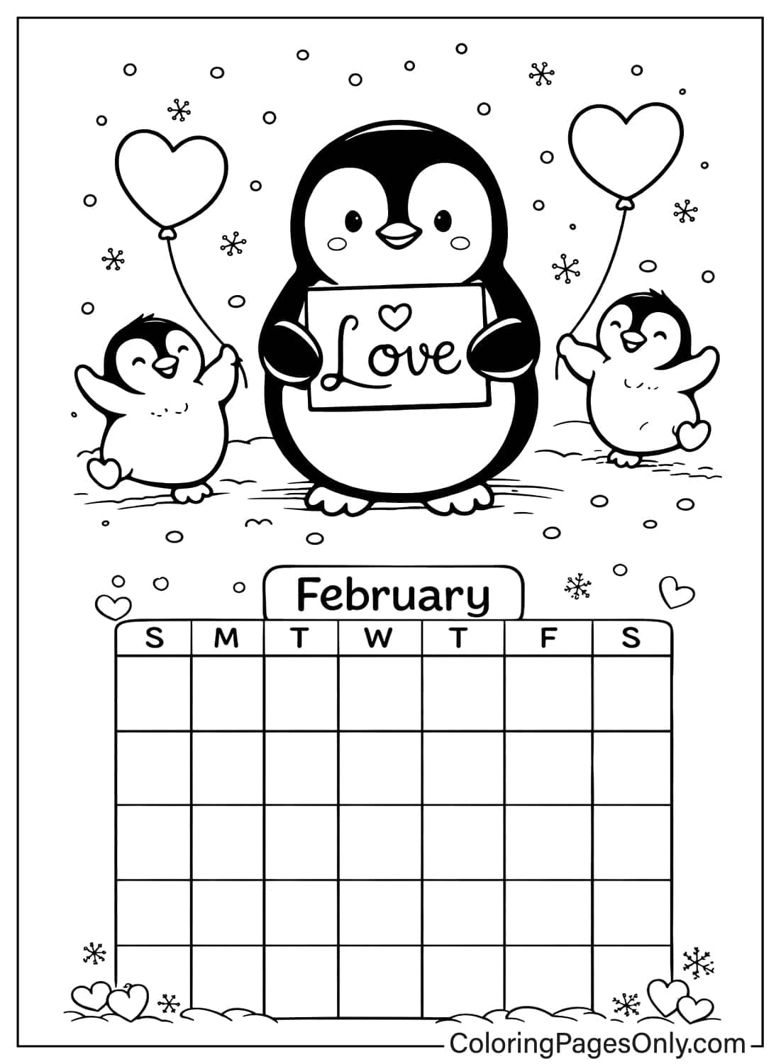 february coloring pages penguin love calendar from February 2026