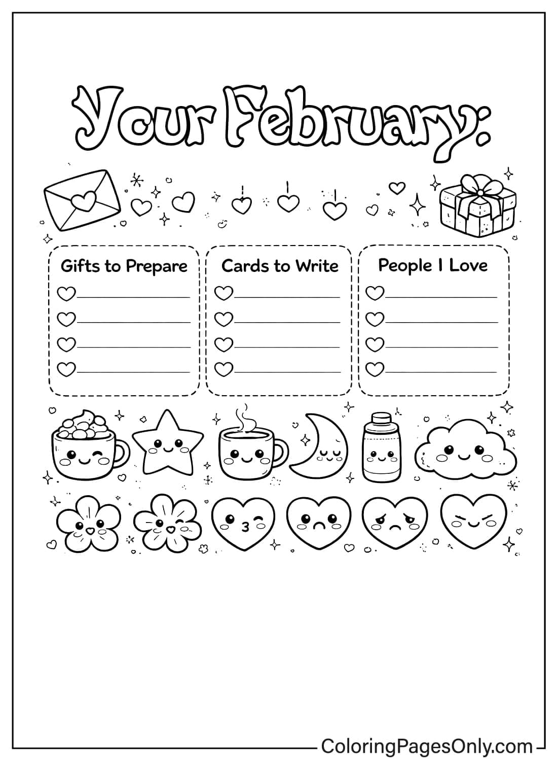 February coloring pages valentine planning page from February 2026