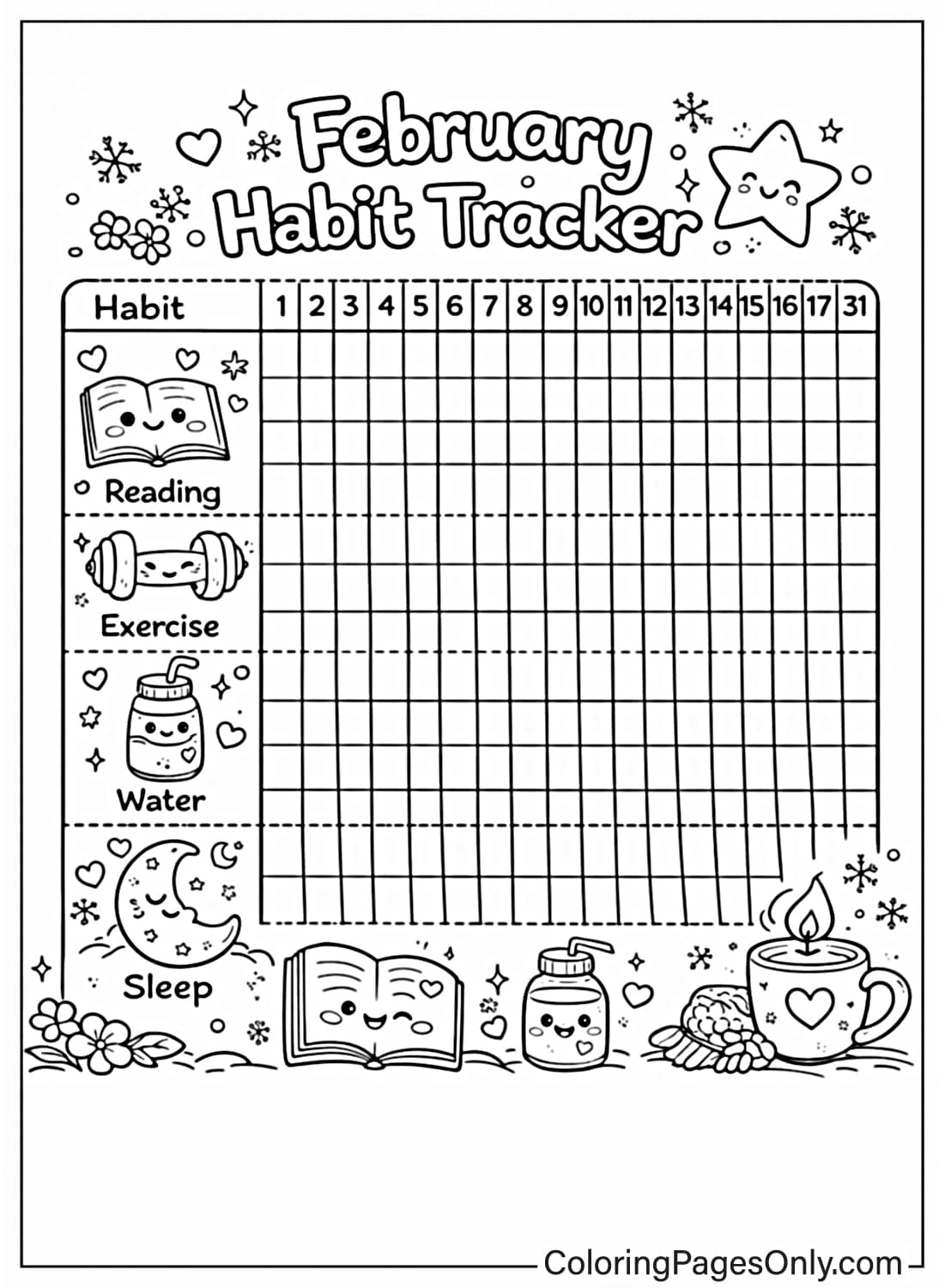 february habit tracker coloring pages from February 2026