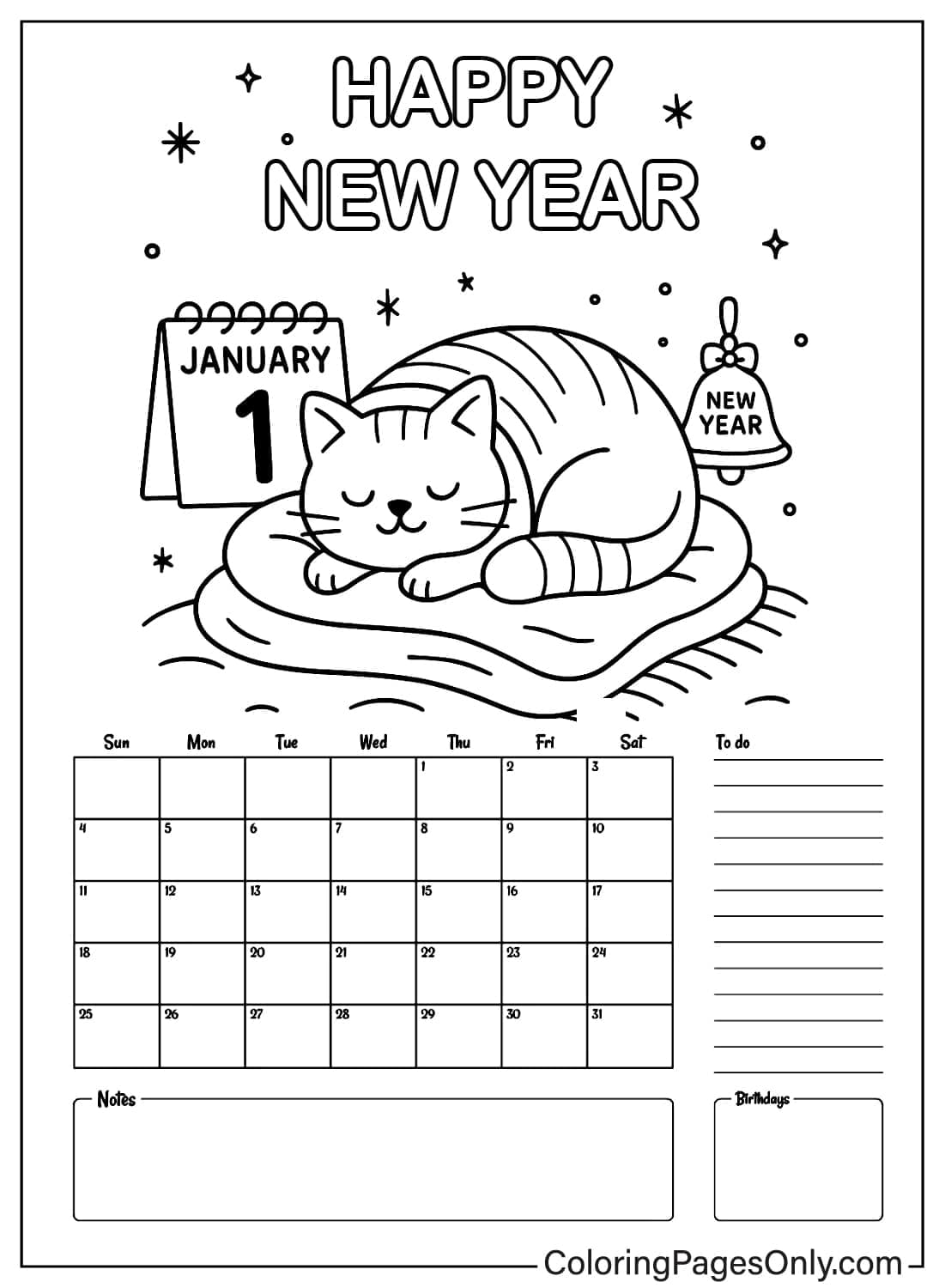 Happy New Year calendar for January with a cozy cat sleeping by a January 1 page and a New Year bell from January 2026