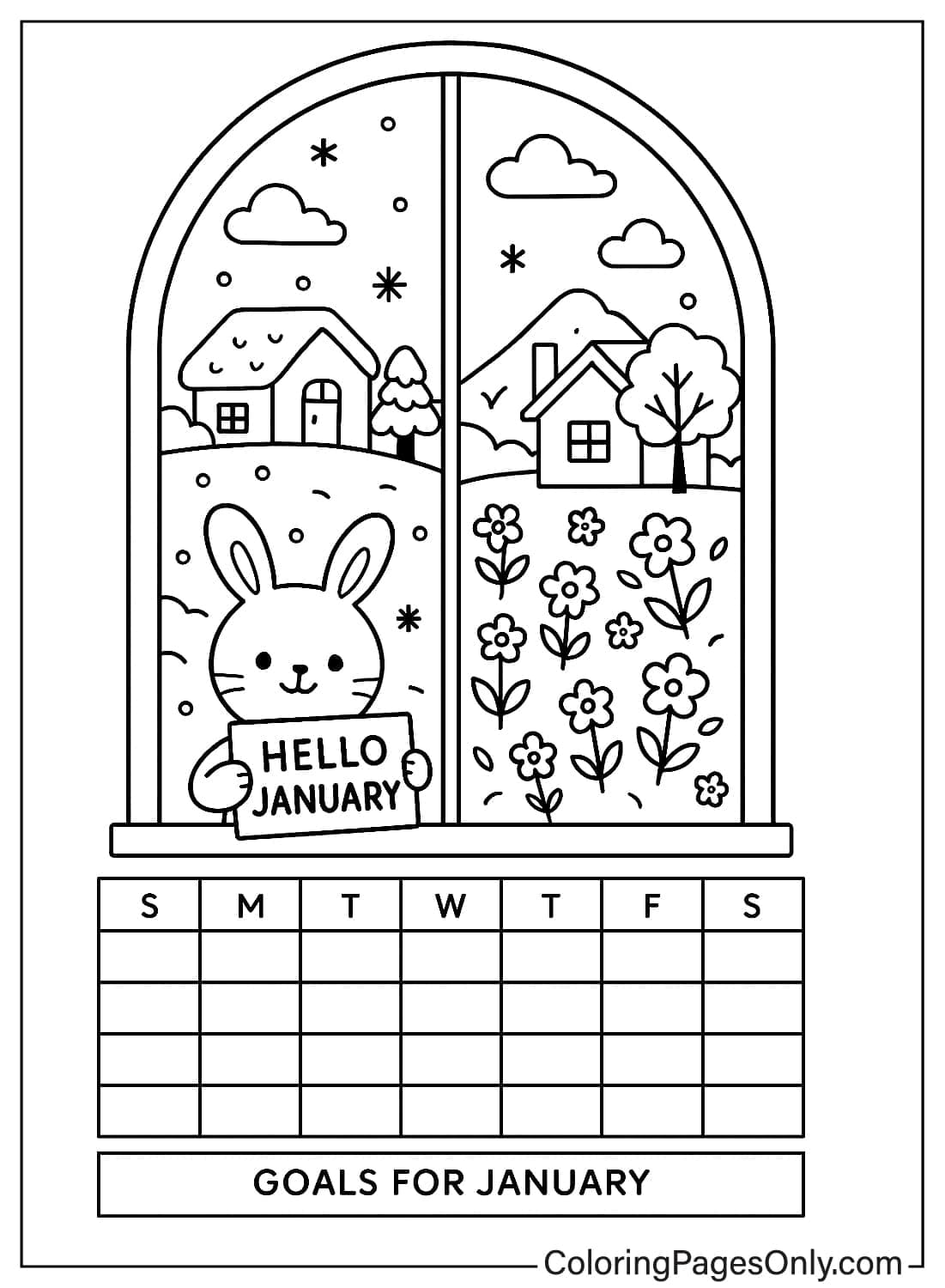 January monthly calendar with goals section and rabbit holding a sign by a window showing winter and spring from January 2026