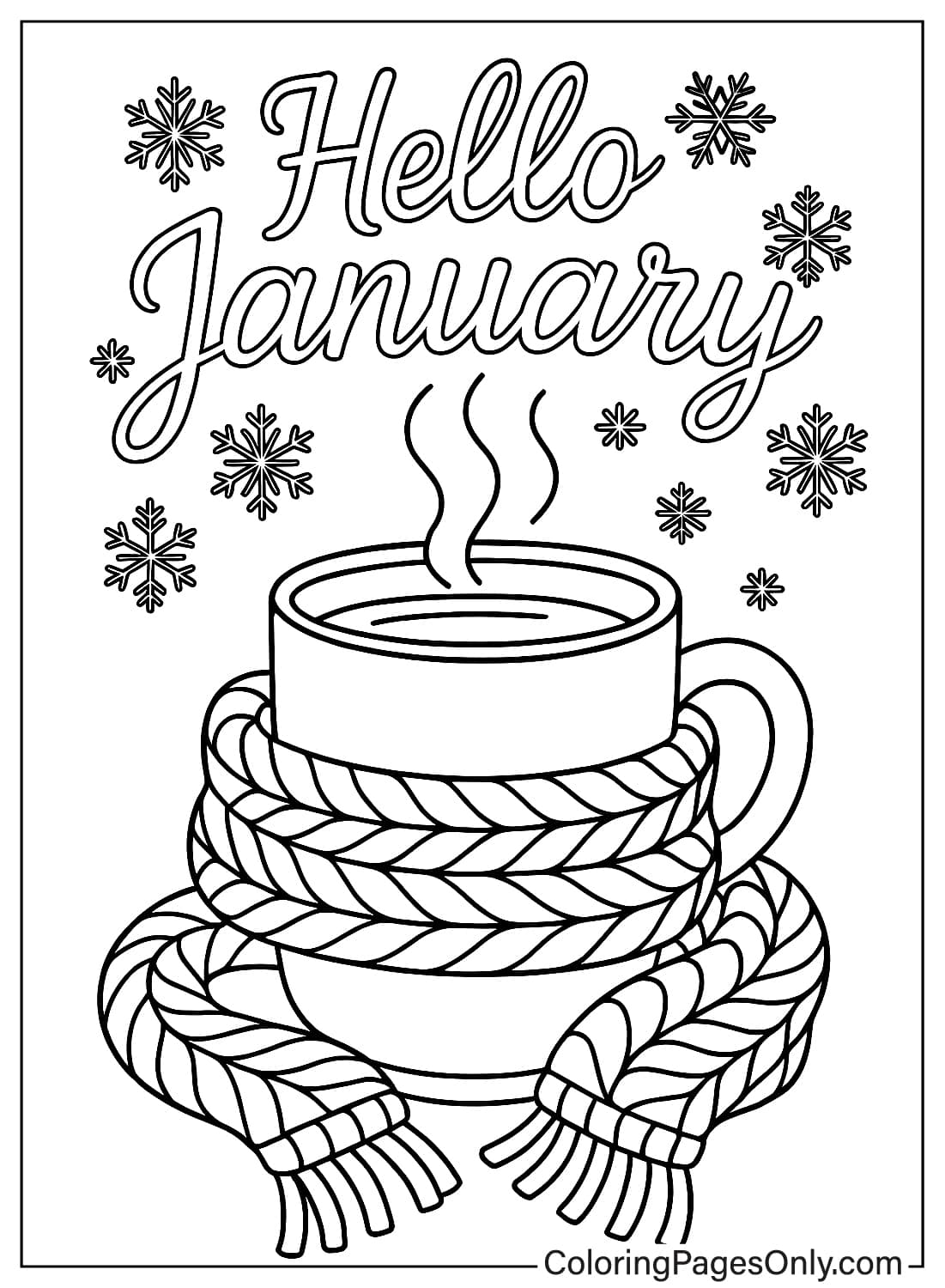 Hot cup wrapped in a knitted scarf with Hello January text and large snowflakes coloring page from January 2026