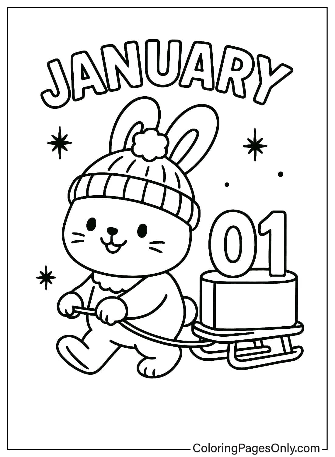 Adorable cartoon rabbit wearing winter hat pulling sleigh with number 01 January Coloring Page from January 2026