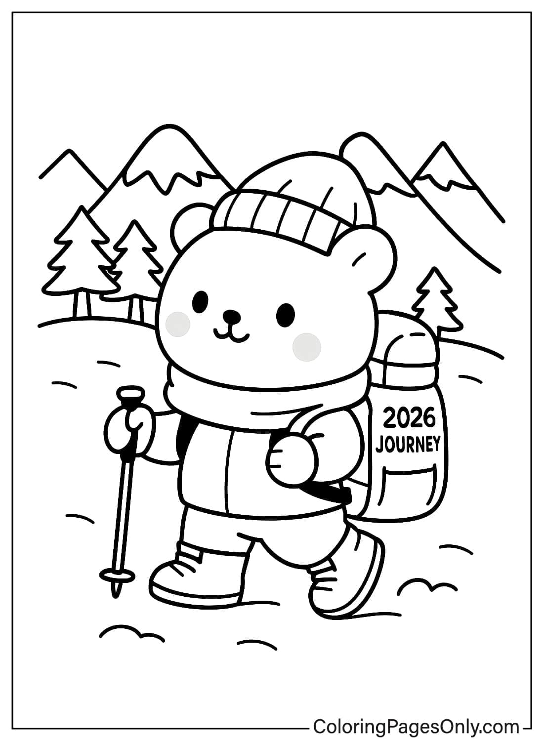 Cartoon bear hiking in the mountains with a backpack labeled 2026 Journey January coloring page from January 2026