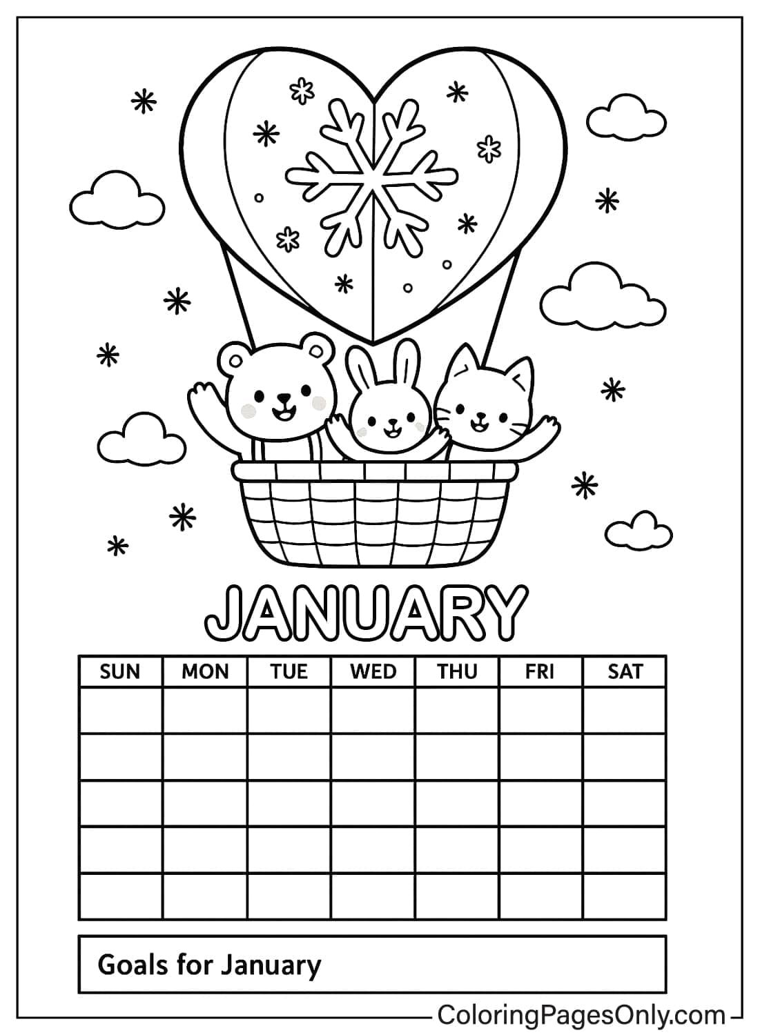 January monthly calendar with goals section and bear rabbit cat in a heart-shaped hot air balloon from January 2026